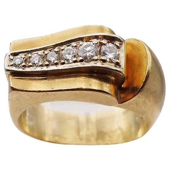 Anello a onda con carrarmato francese e diamanti in oro 18k e platino, anello a carrarmato grande in vendita