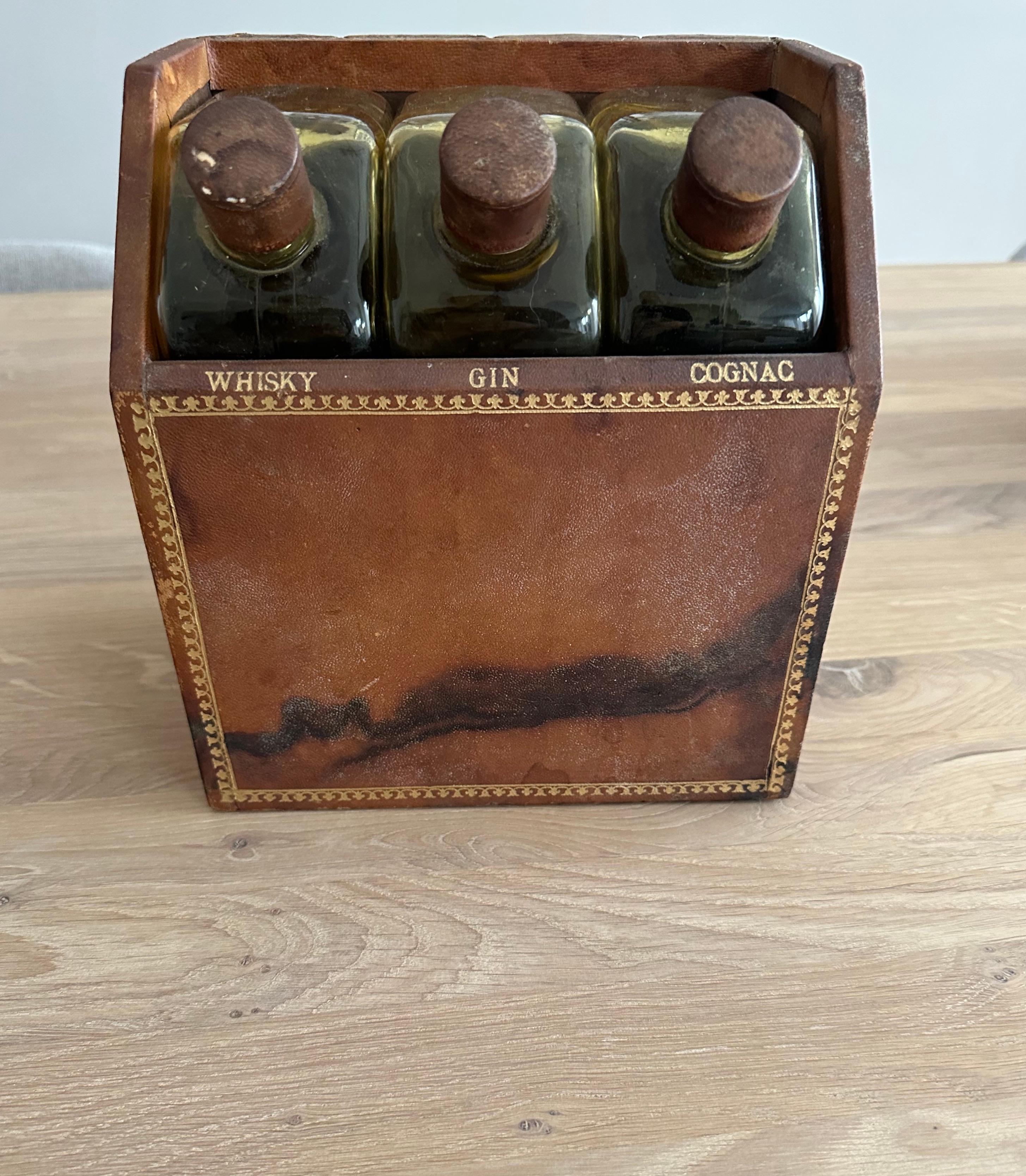 Leather French Tantalus Drinks Box, Faux Books w Hidden Whisky, Gin, Cognac Glass Flasks For Sale