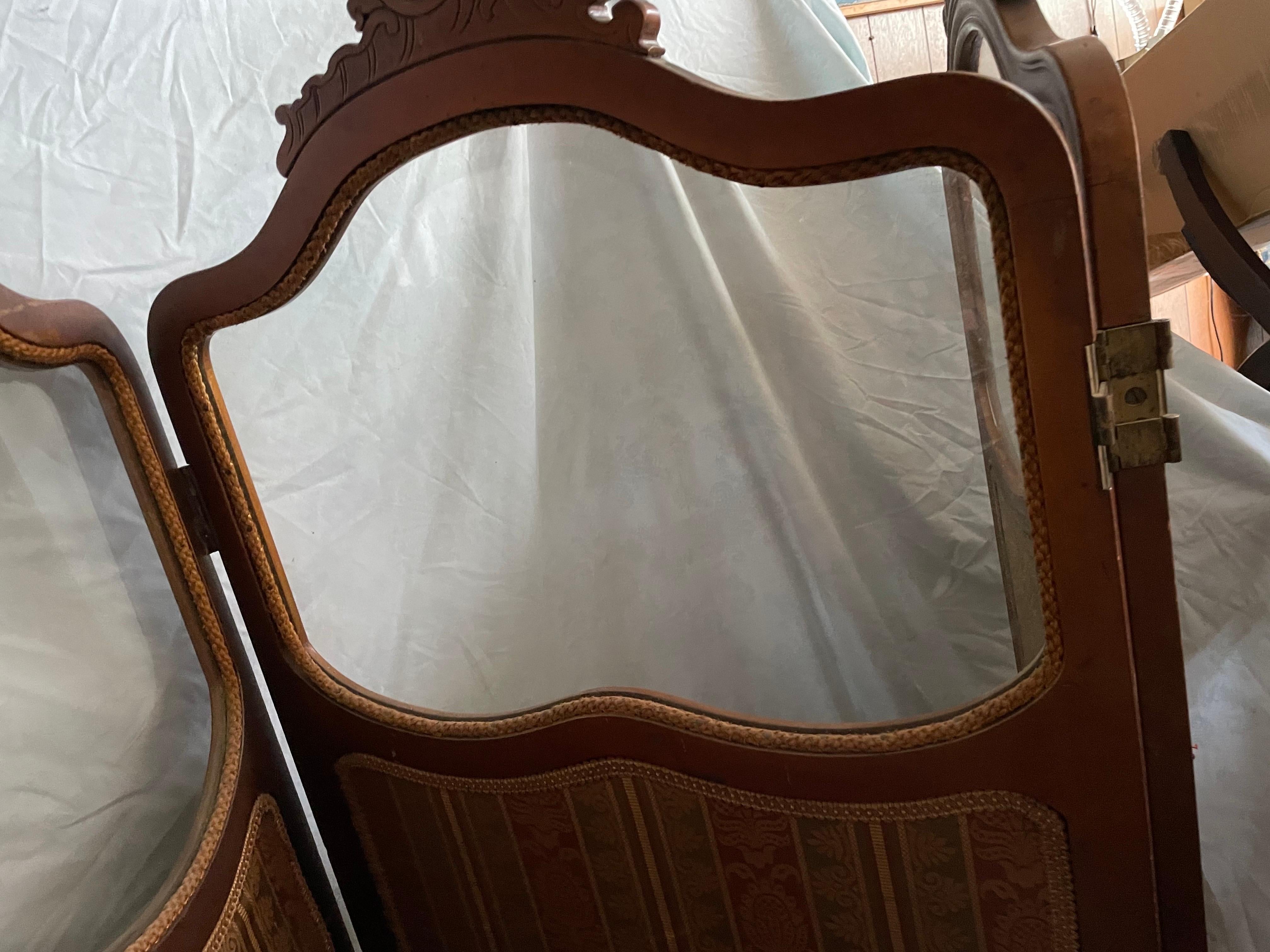 French Tapestry 3 Panel Room Carved Wood Divider/Screen Glass Window For Sale 7
