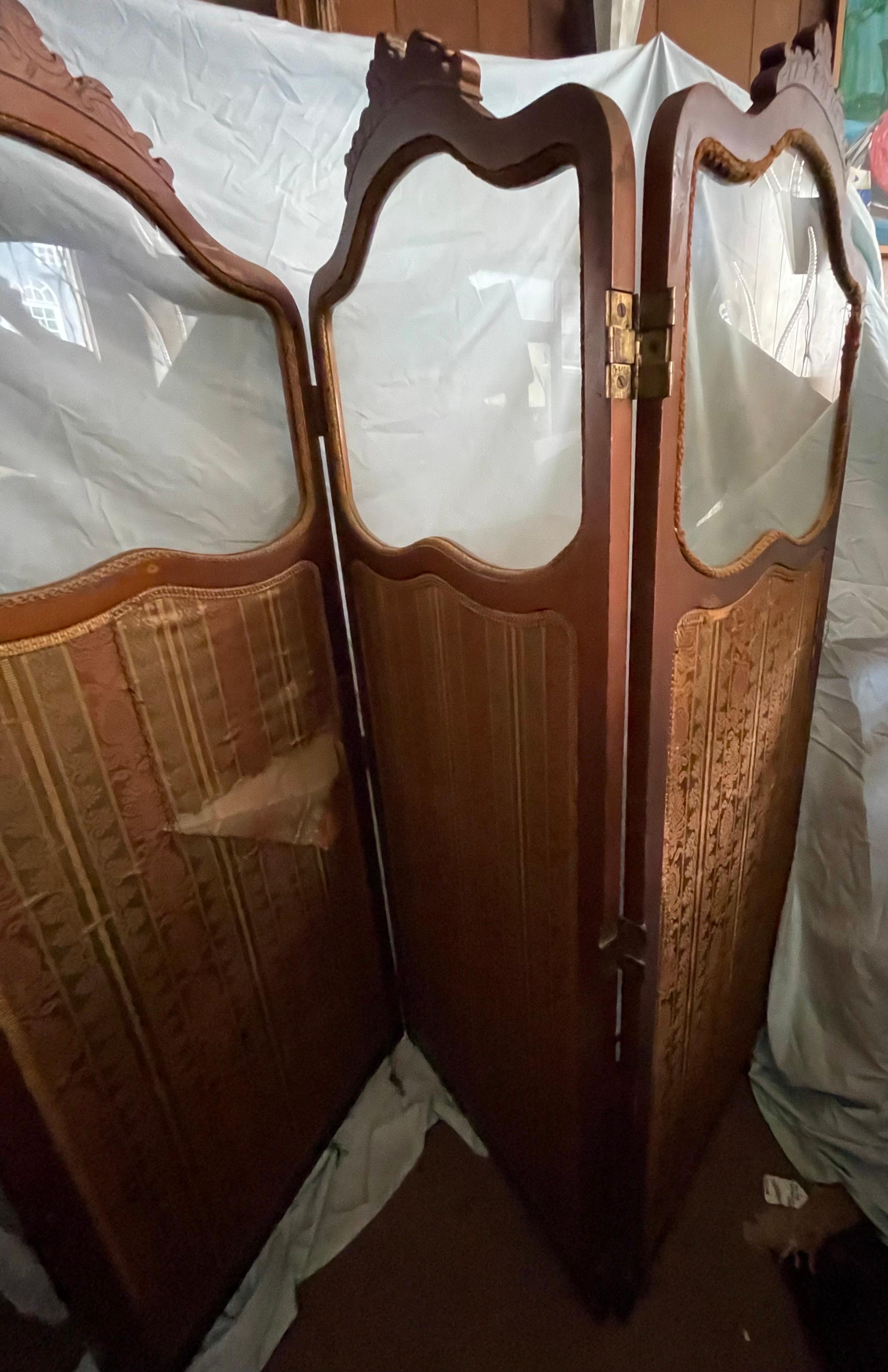 French Tapestry 3 Panel Room Carved Wood Divider/Screen Glass Window For Sale 12
