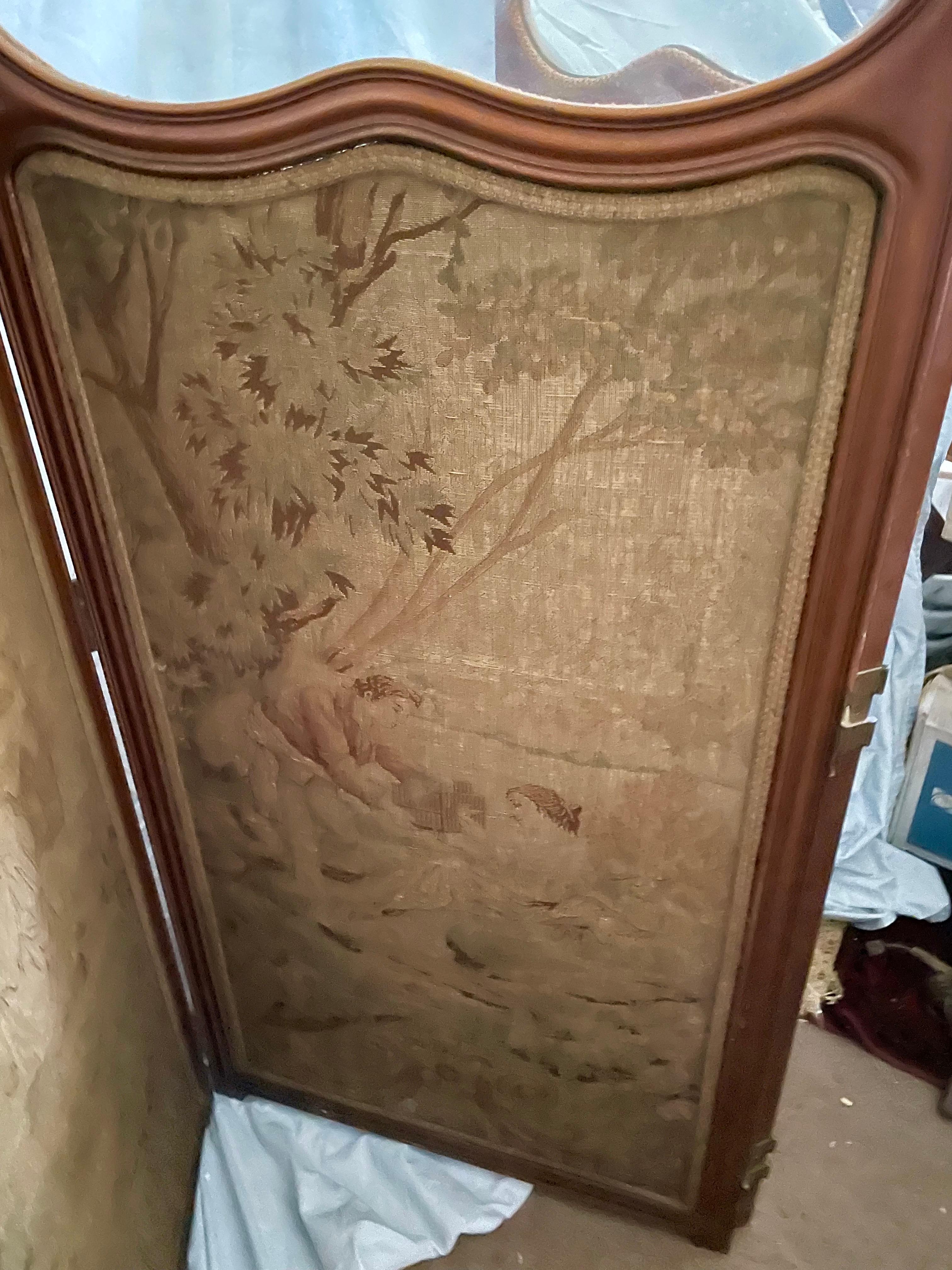 French Provincial French Tapestry 3 Panel Room Carved Wood Divider/Screen Glass Window For Sale