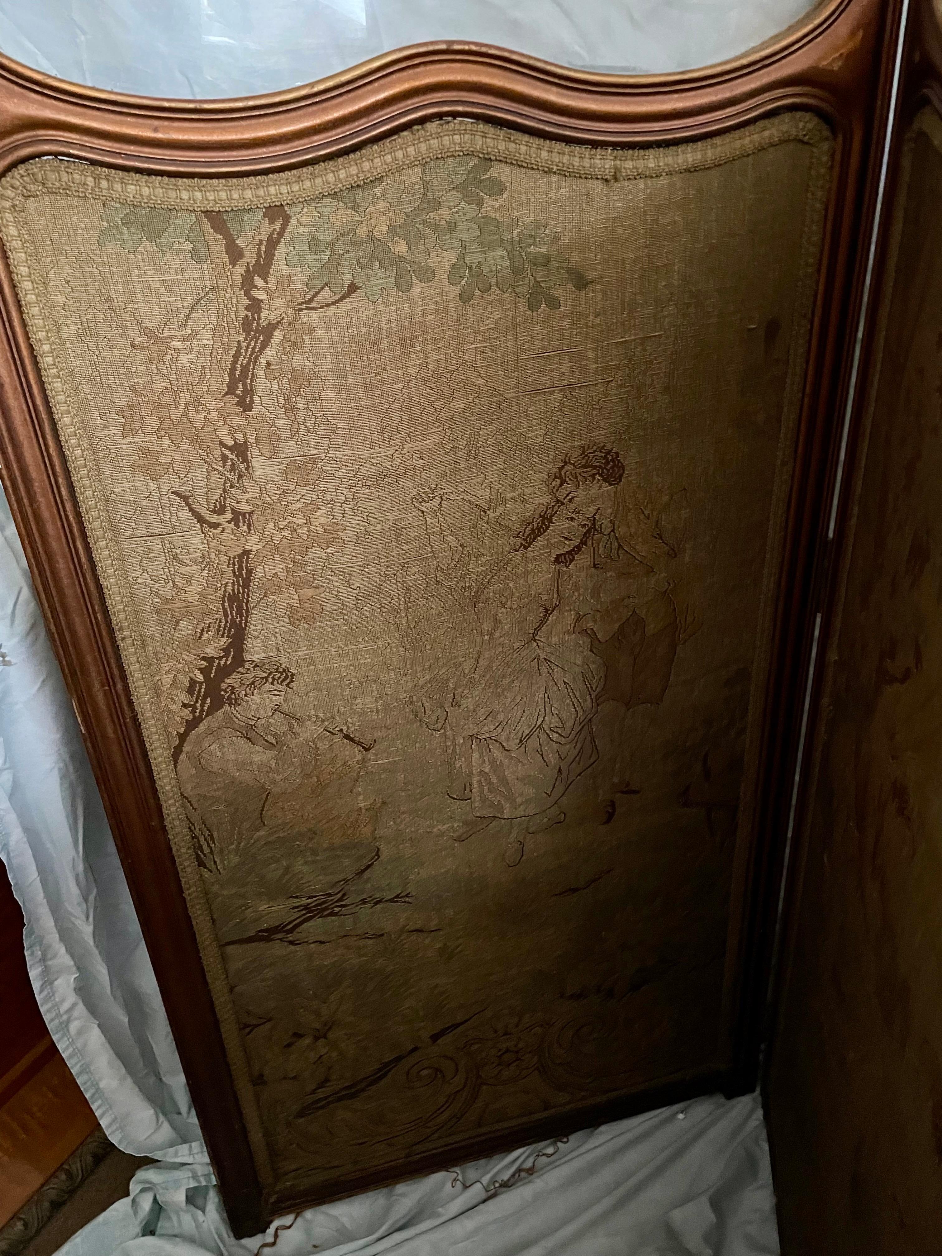 French Tapestry 3 Panel Room Carved Wood Divider/Screen Glass Window In Fair Condition For Sale In Clifton Forge, VA