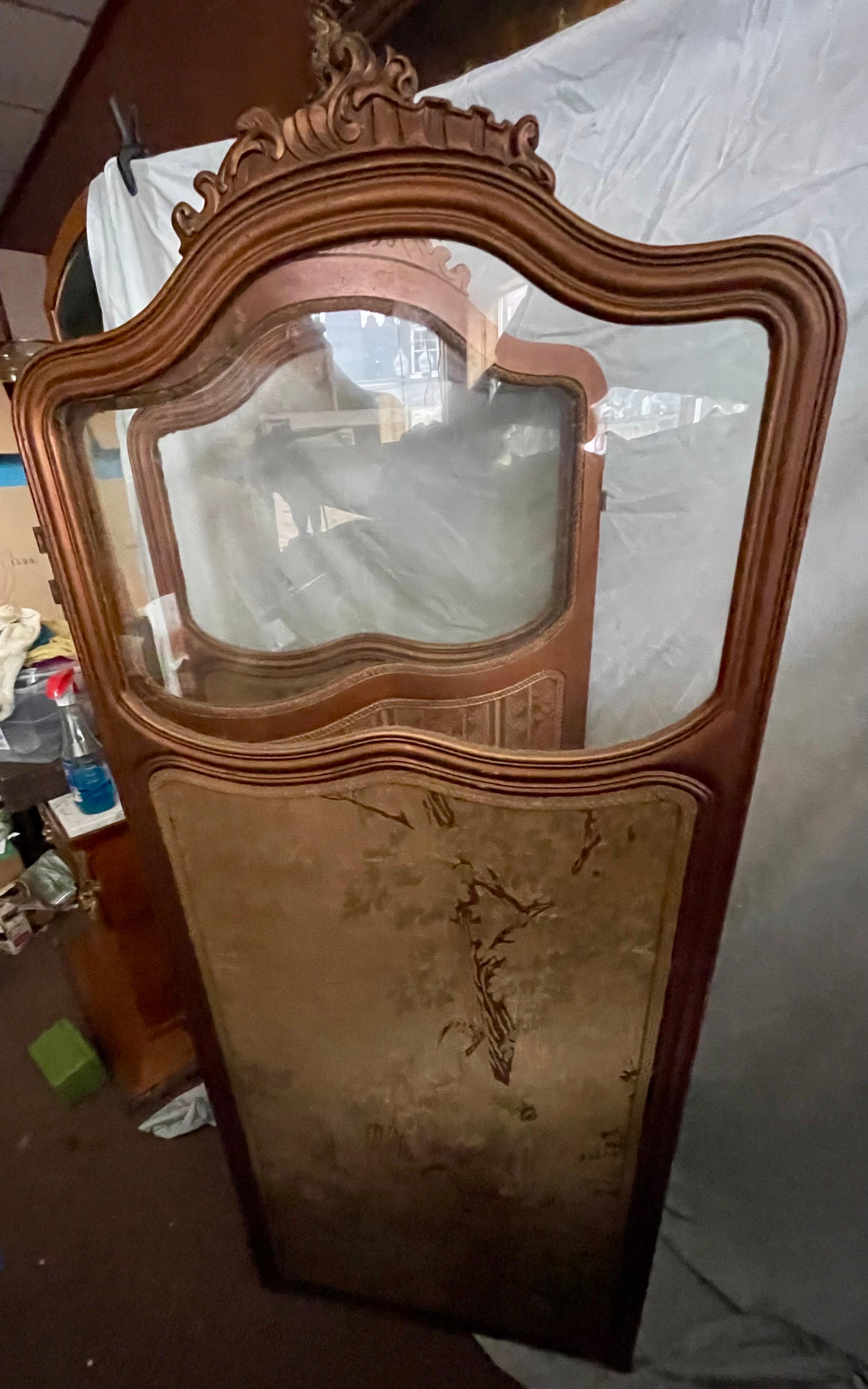 19th Century French Tapestry 3 Panel Room Carved Wood Divider/Screen Glass Window For Sale