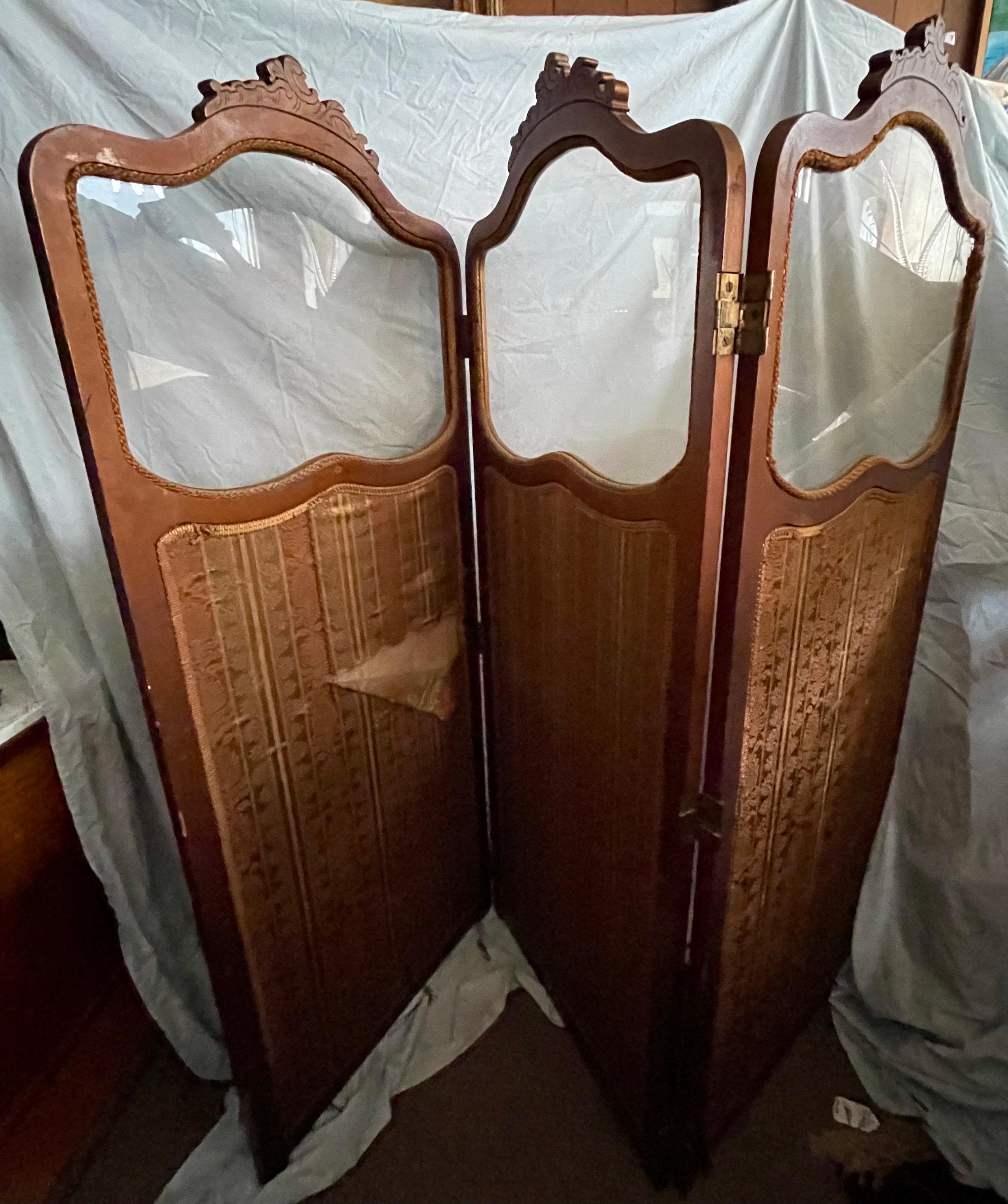 French Tapestry 3 Panel Room Carved Wood Divider/Screen Glass Window For Sale 3