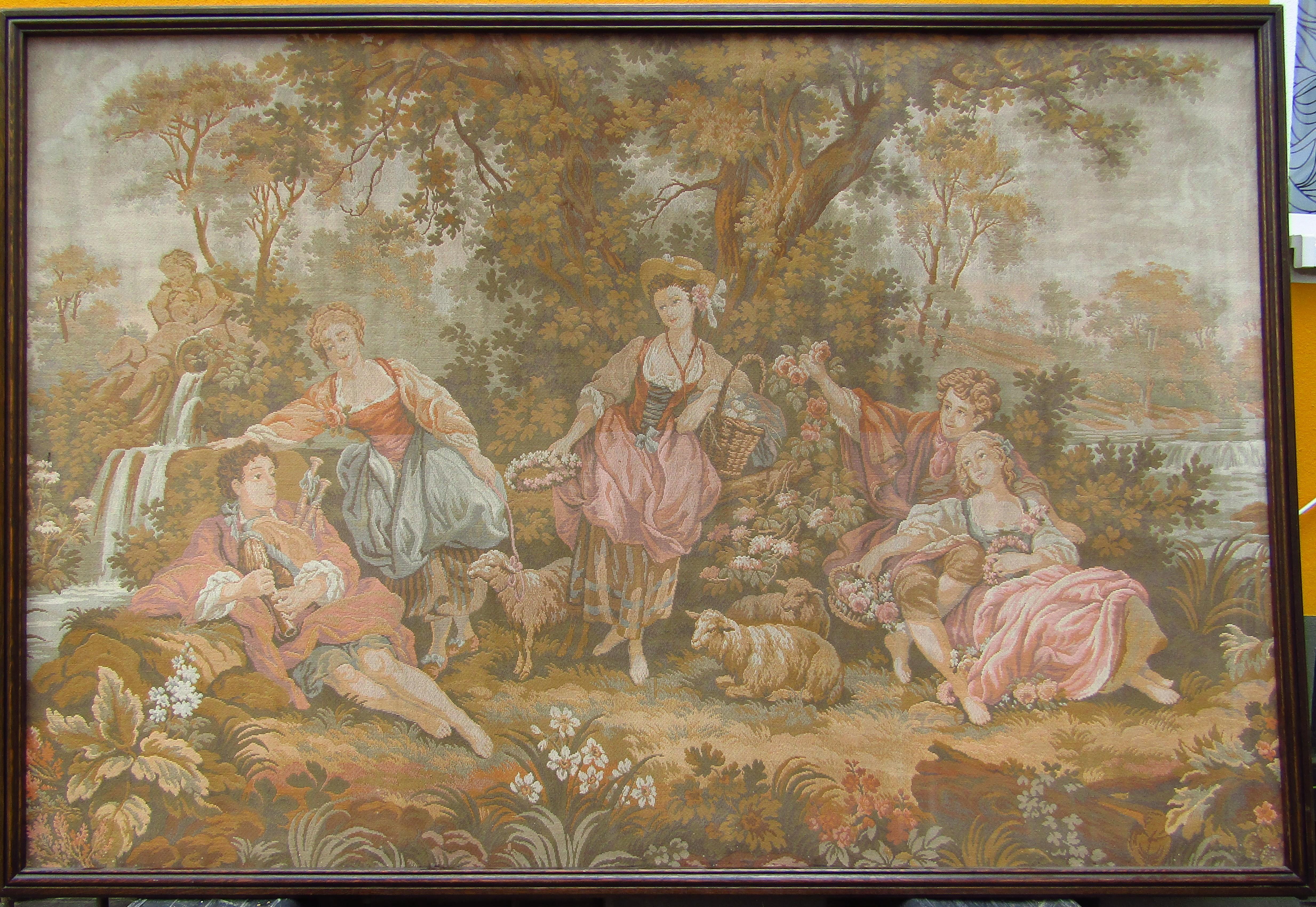 Original French tapestry Aubusson style, France, 1880. Wall decoration (machine) woven, no print. Good vintage condition.

Free shipping quote  without frame.
please ask for quote with frame