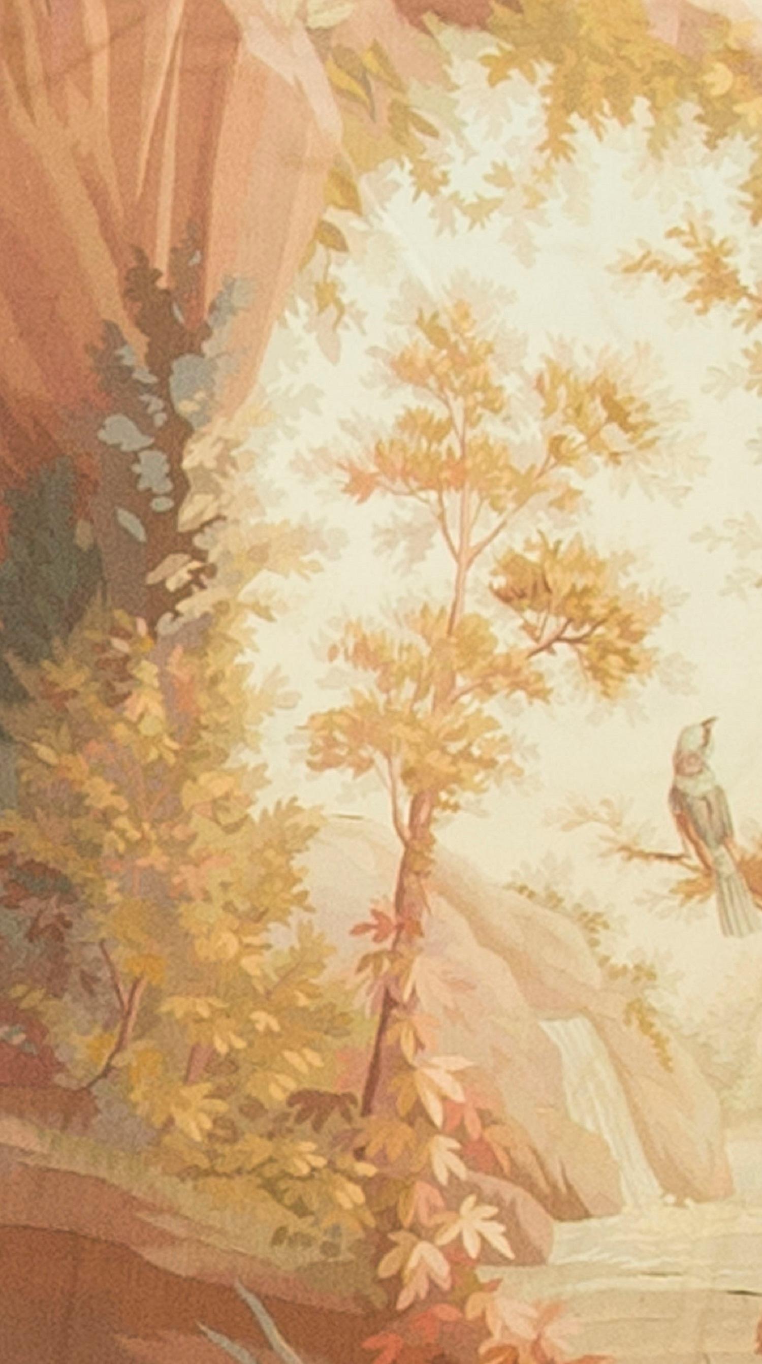 A French tapestry, circa 1830. A water fall, descending through the mountain side, to the river below. The bird perched in the tree looks onto this beautiful vista.
 