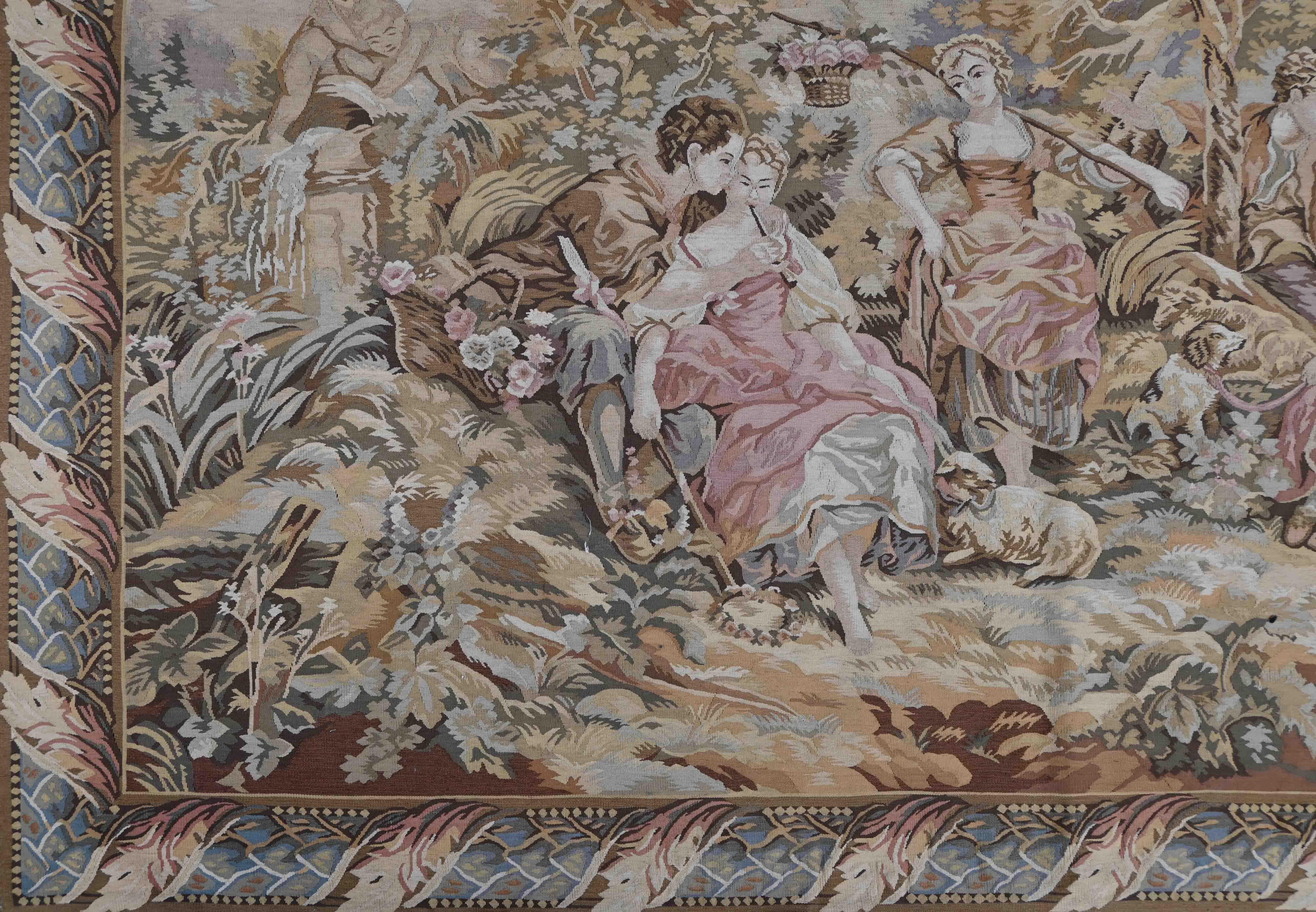 Französischer Wandteppich um 1970, Szene Galante - 2m17lx1m46h - Nr. 1399 (Aubusson) im Angebot