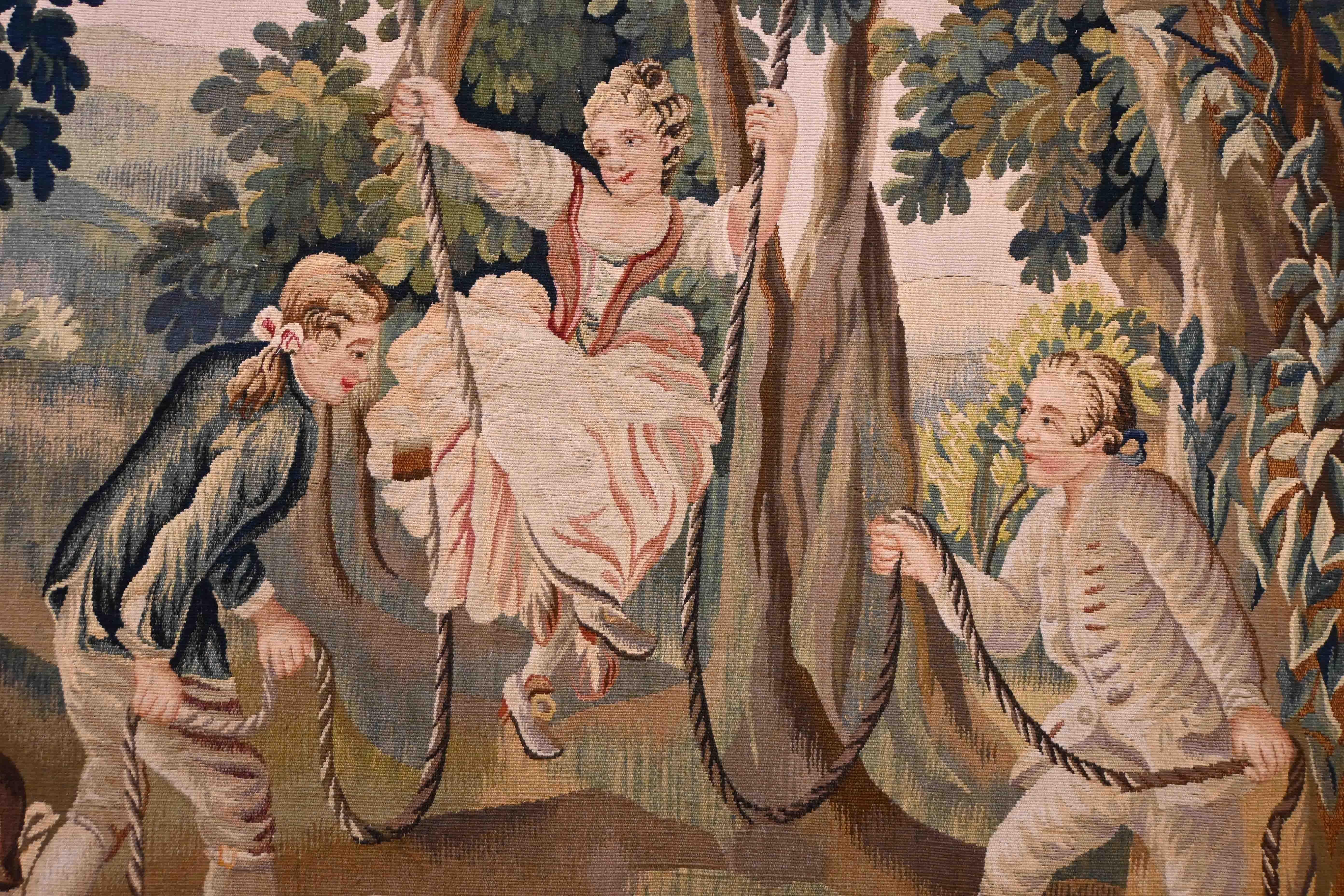 Französischer Wandteppich von Manufacture Aubusson - The Swing - 1m98lx1m50h - Nr. 237 (Mittleres 19. Jahrhundert) im Angebot