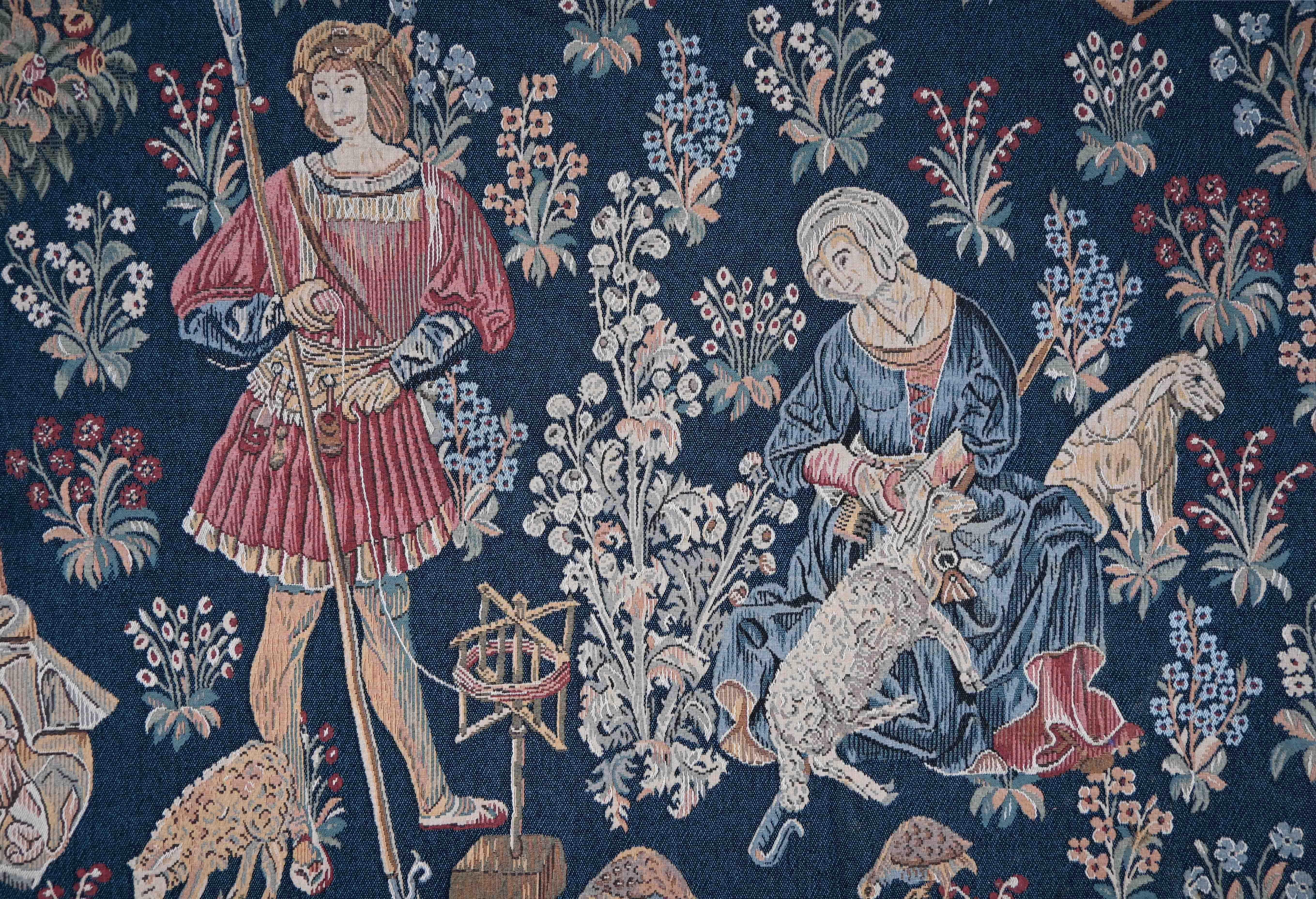 Französischer Wandteppich, echtes Jacquard im mittelalterlichen Stil, H 131 x W 190 cm, N 1439 (19. Jahrhundert) im Angebot