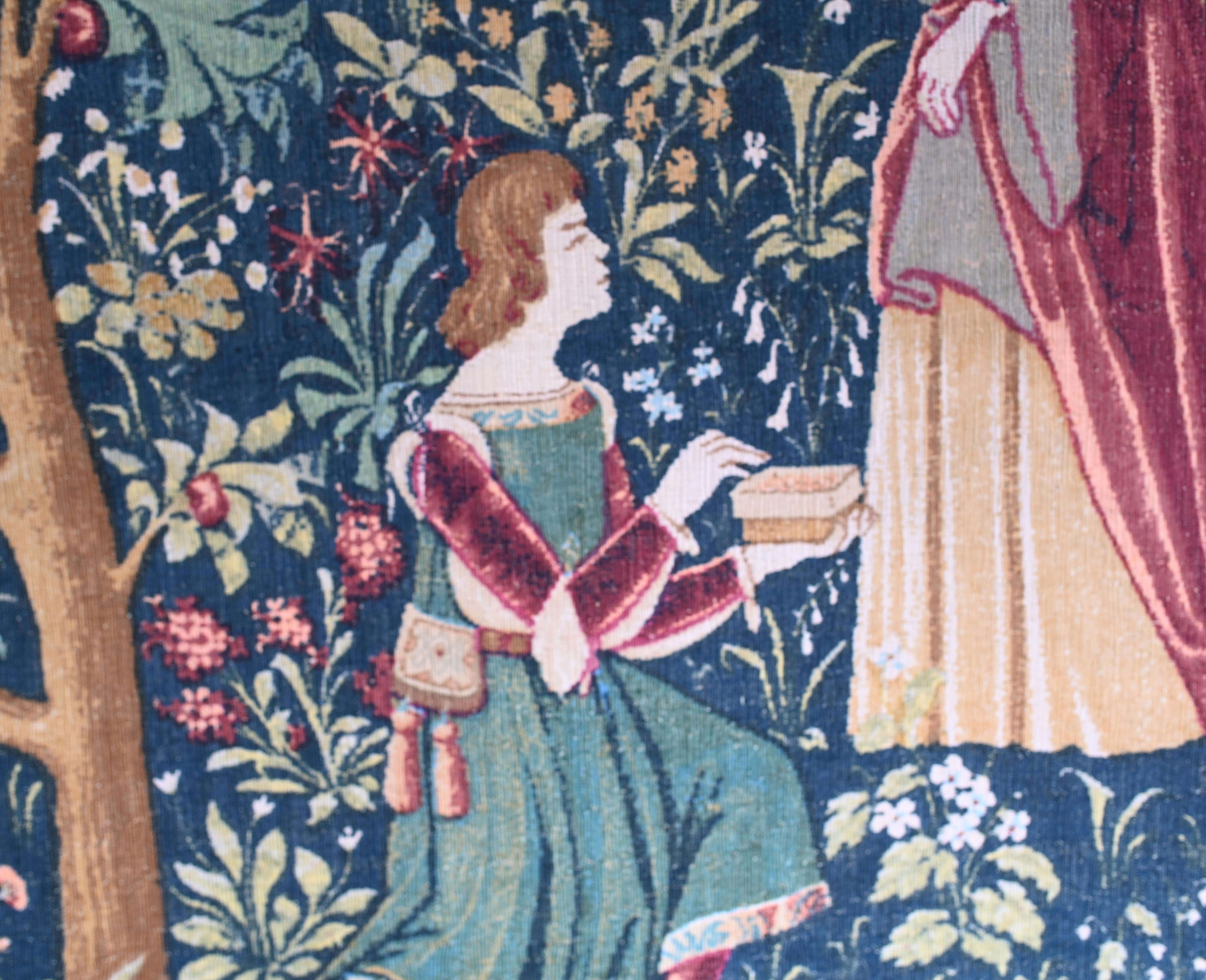 You are viewing a gorgeous French tapestry of 'The Lady and The Unicorn'
Hand woven and amazingly detailed - good size at over five feet wide - 160 CM
Great as a wall hanging
To the reverse is a tag that reads:
The reproduction was handmade in an