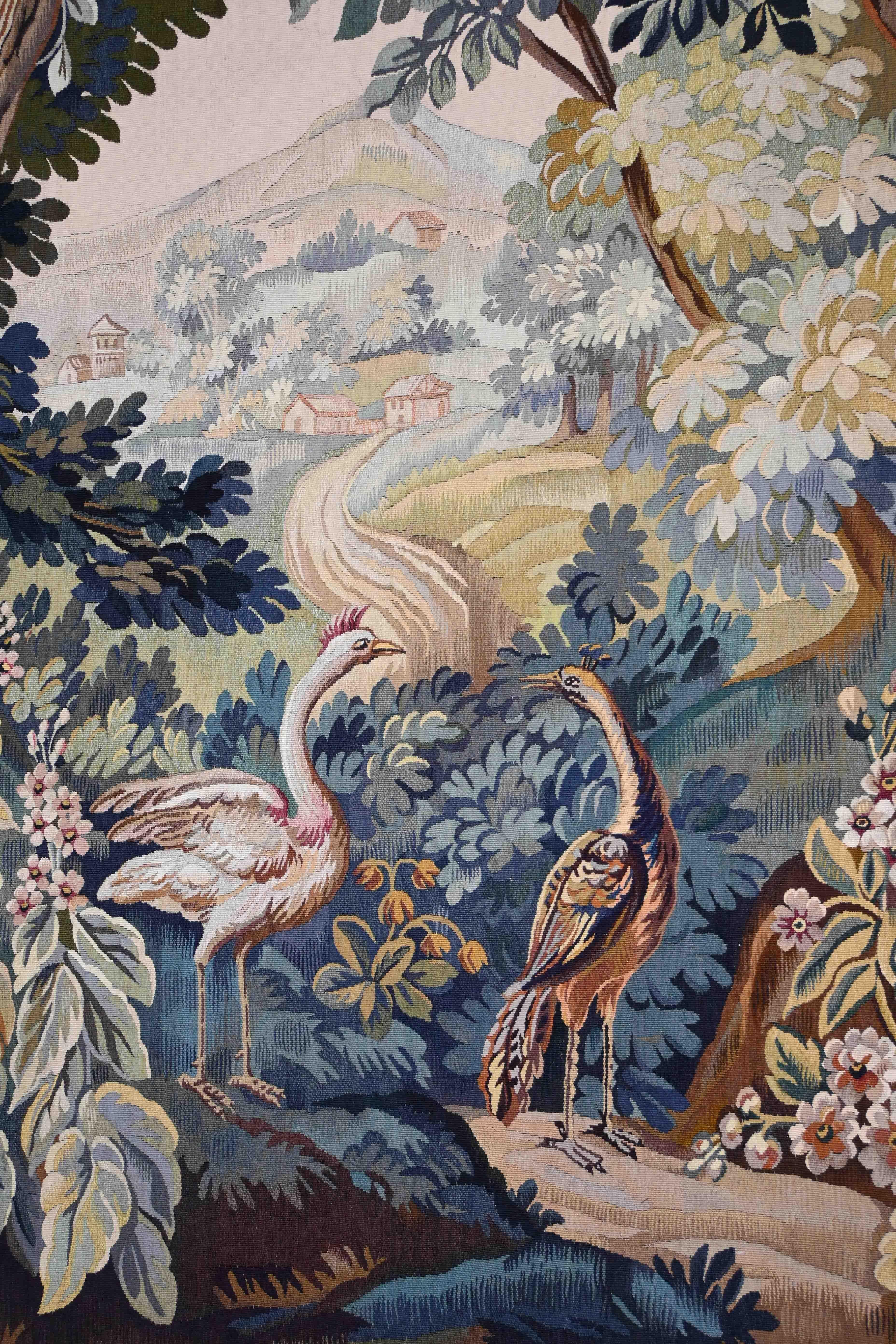 Hand-Woven French Tapestry Monogrammed by Aubusson Manufactury with two waders - N 1563 For Sale