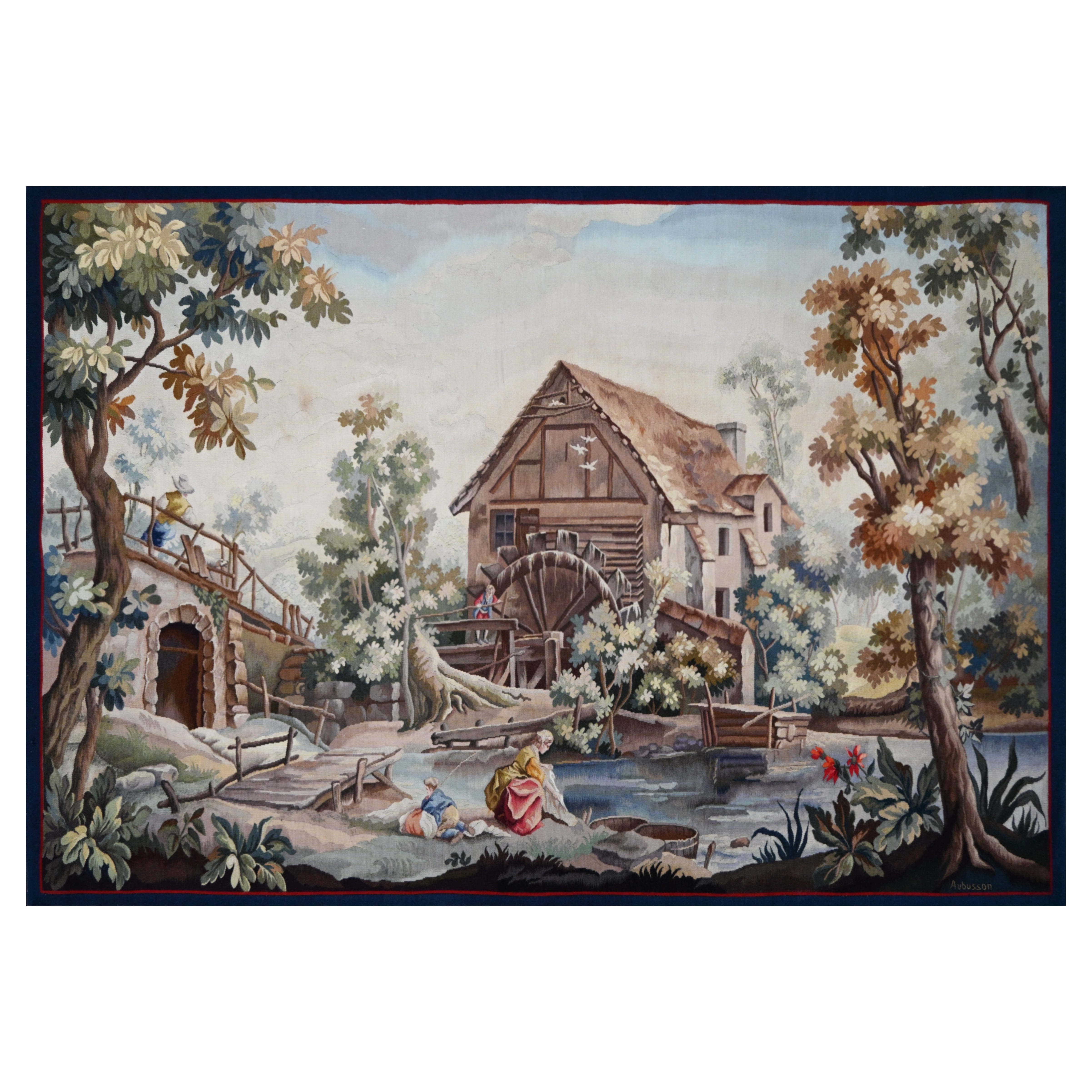 French Tapestry signed Aubusson - Washerwomen Near Mill, Alexandre Veron -N 1596 For Sale