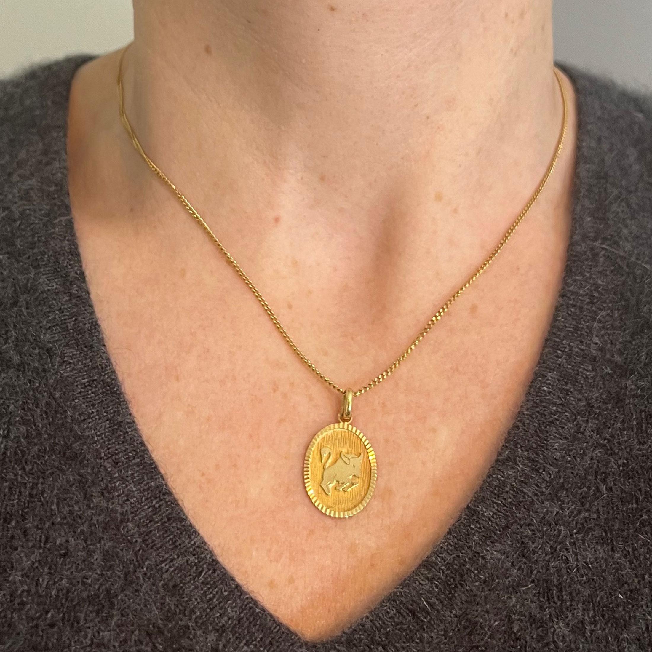 Women's or Men's French Taurus Starsign Zodiac 18K Yellow Gold Charm Medal Pendant For Sale