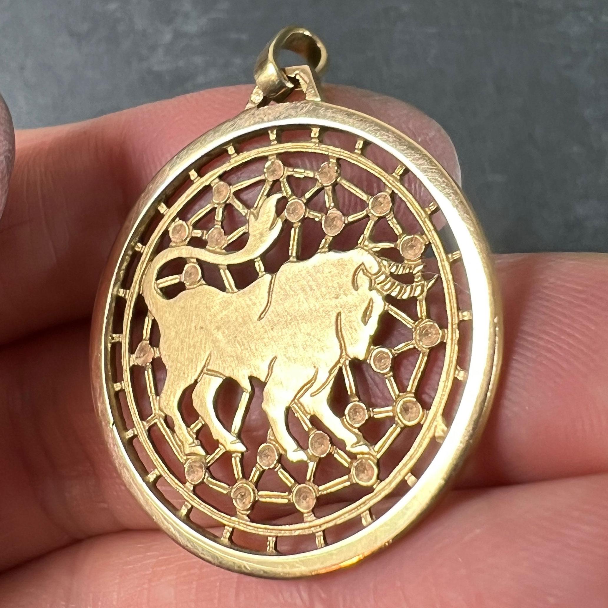 French Taurus Starsign Zodiac 18K Yellow Gold Charm Medal Pendant For Sale 2