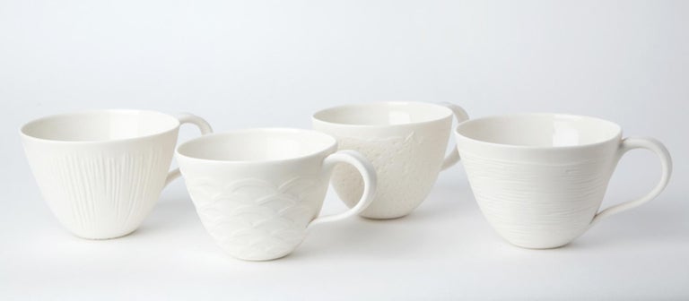 Hand-Crafted French Tea Cup Graphic / Set of 4 + Saucers For Sale