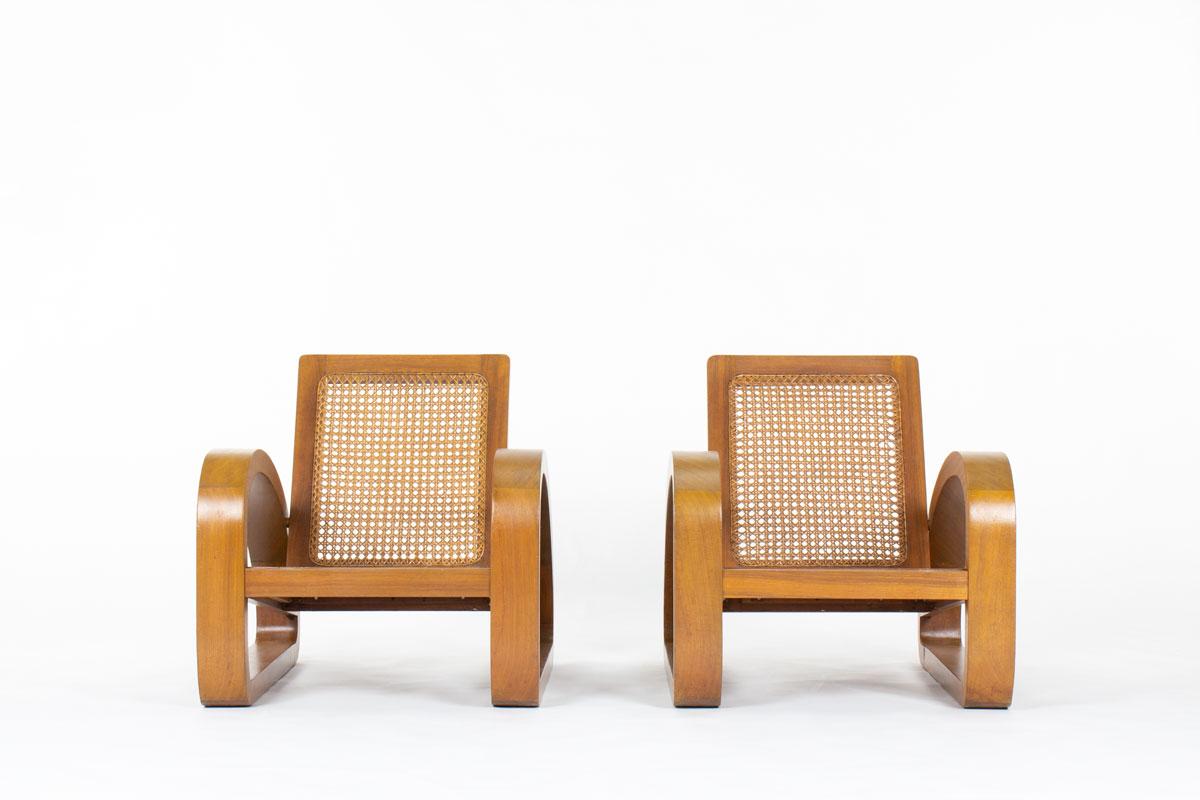 Fauteuils en teck et cannage, 1950, ensemble de 2 Bon état - En vente à JASSANS-RIOTTIER, FR