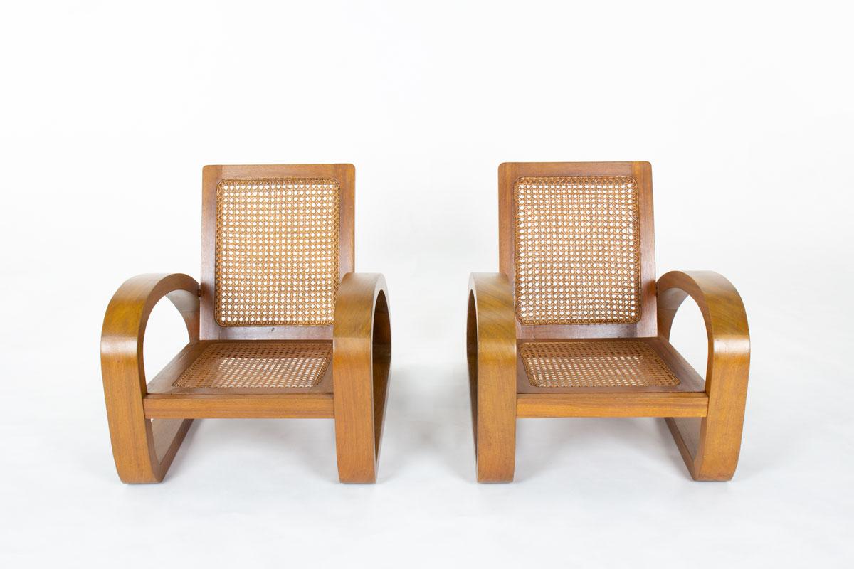 20ième siècle Fauteuils en teck et cannage, 1950, ensemble de 2 en vente