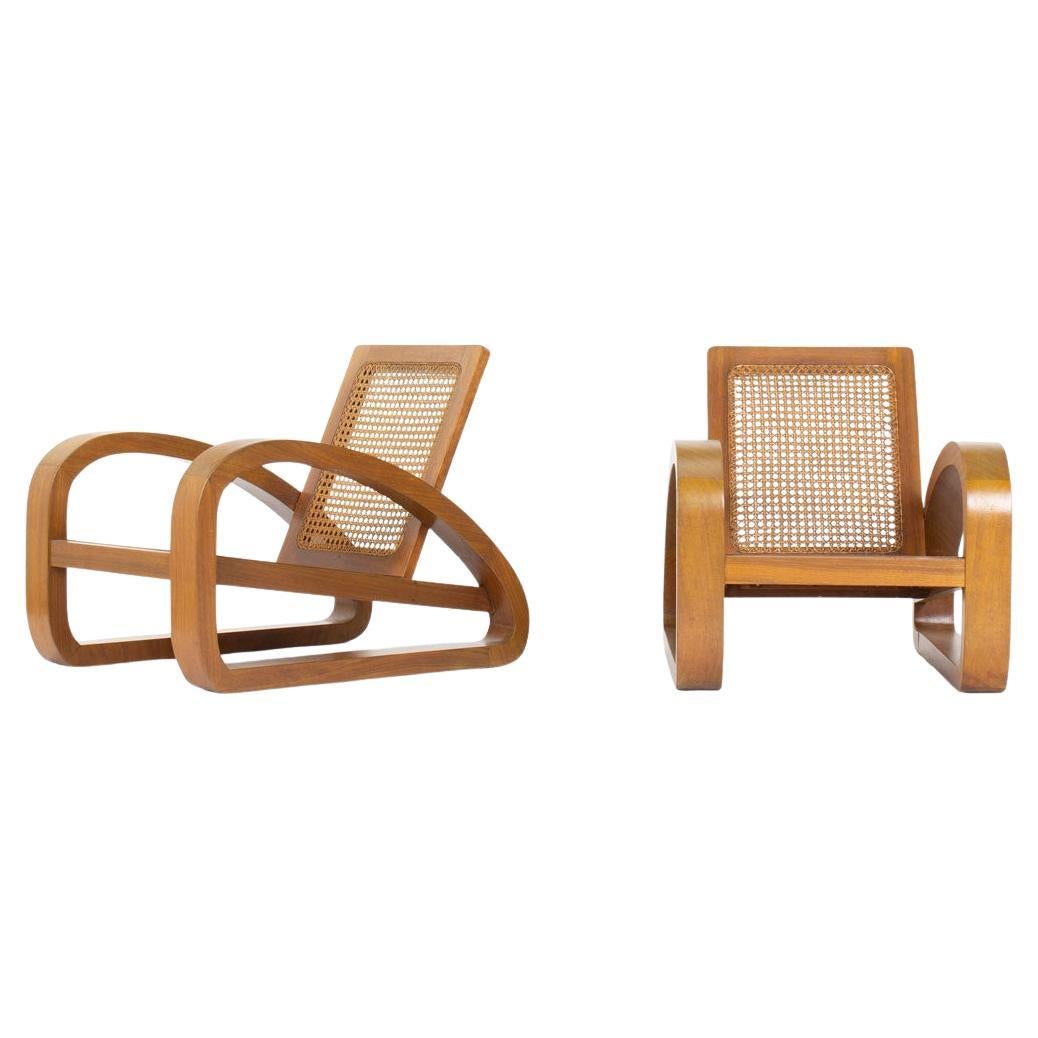 Fauteuils en teck et cannage, 1950, ensemble de 2 en vente