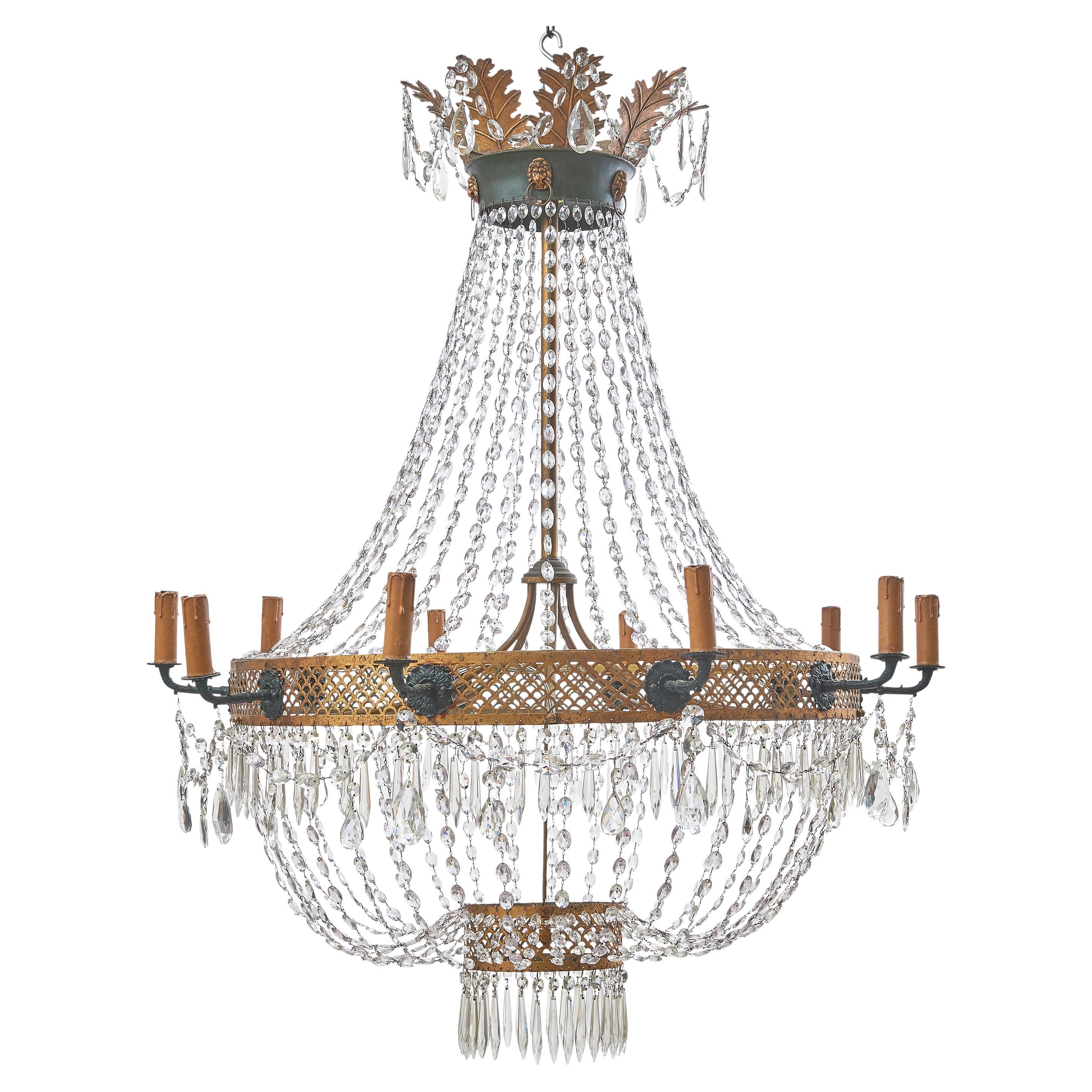 French Tent Form Crystal & Gilt Tole Chandelier Circa 1810 For Sale