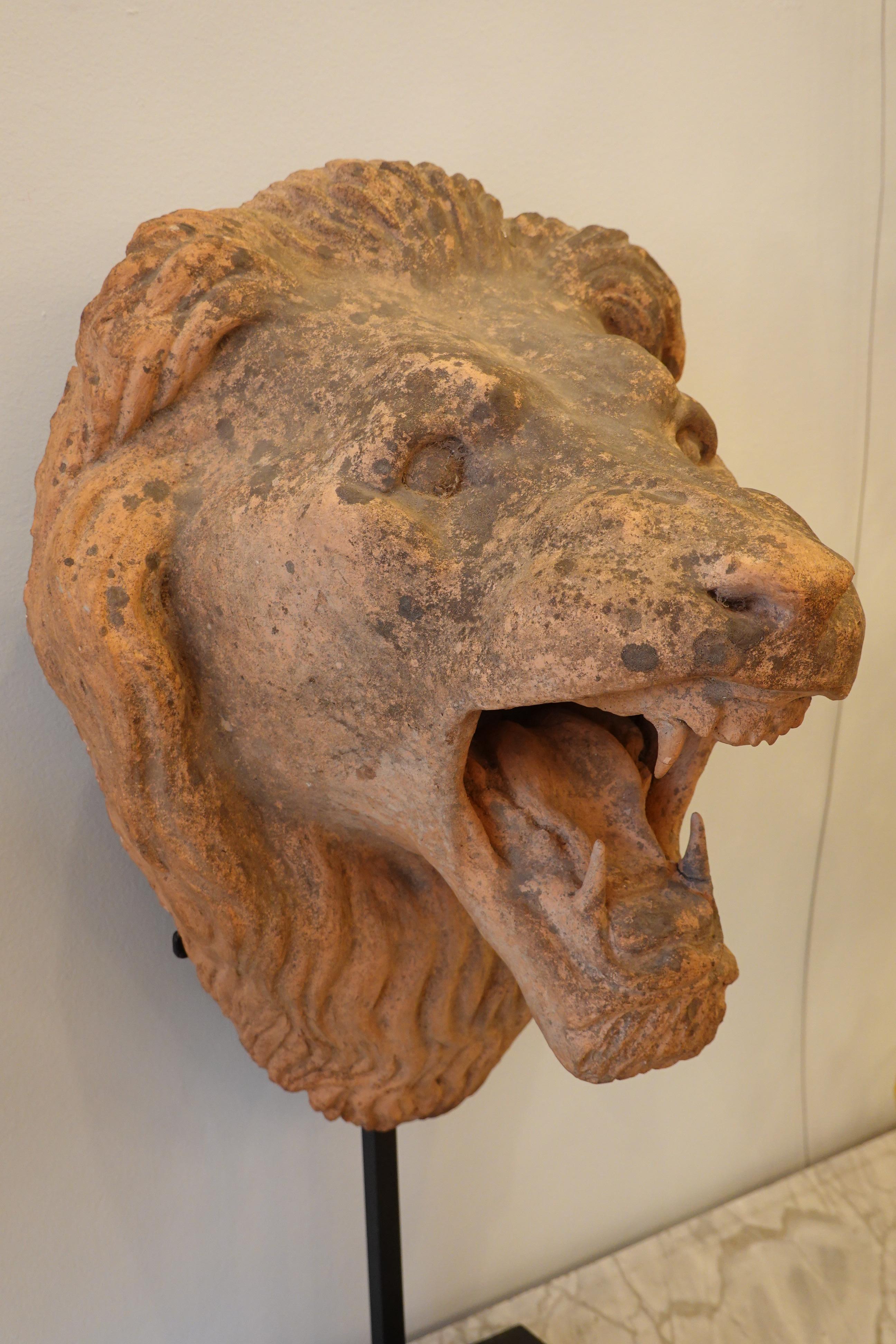 This French terracotta lion's mask was originally an element of a 19th century fountain with water jetting from its mouth. This garden piece is now mounted on a custom iron, making it an decorative, unique piece of art. The dimension of the lion's