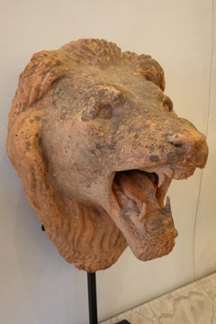 French Terracotta Lion's Head on Custom Iron Stand