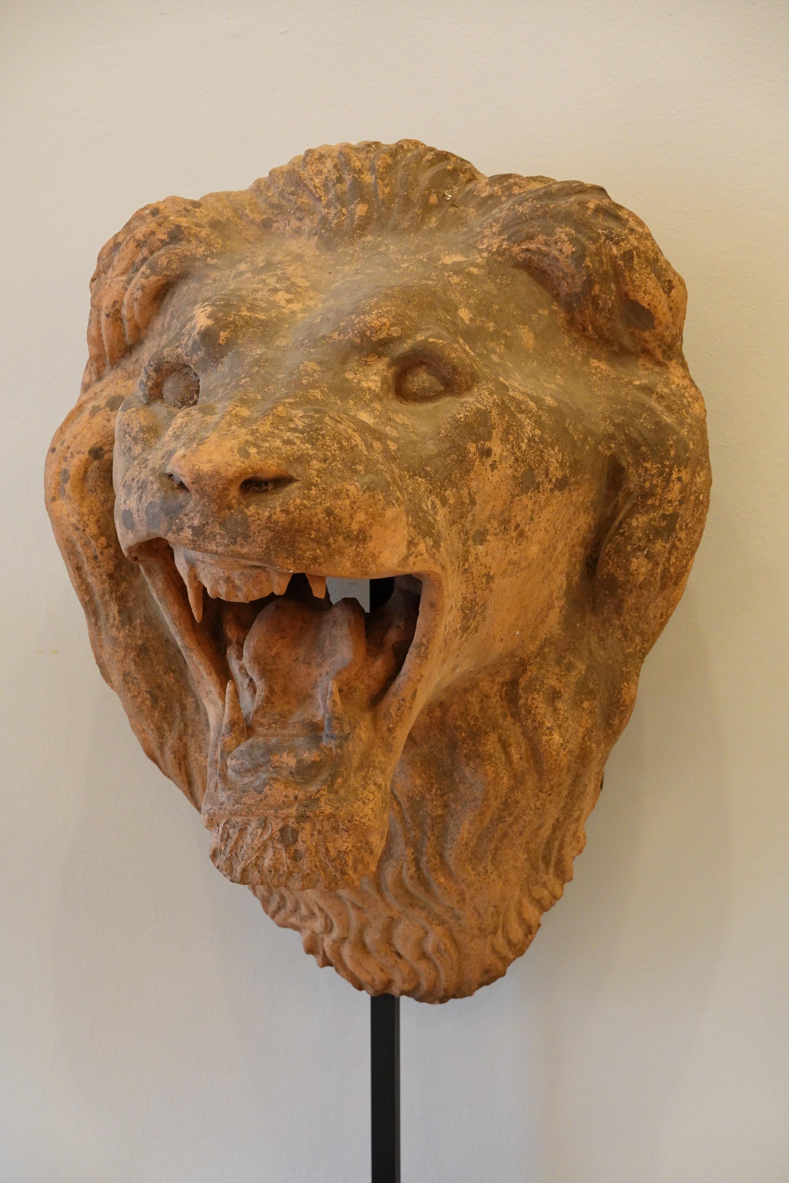 Hand-Crafted French Terracotta Lion's Head on Custom Iron Stand For Sale