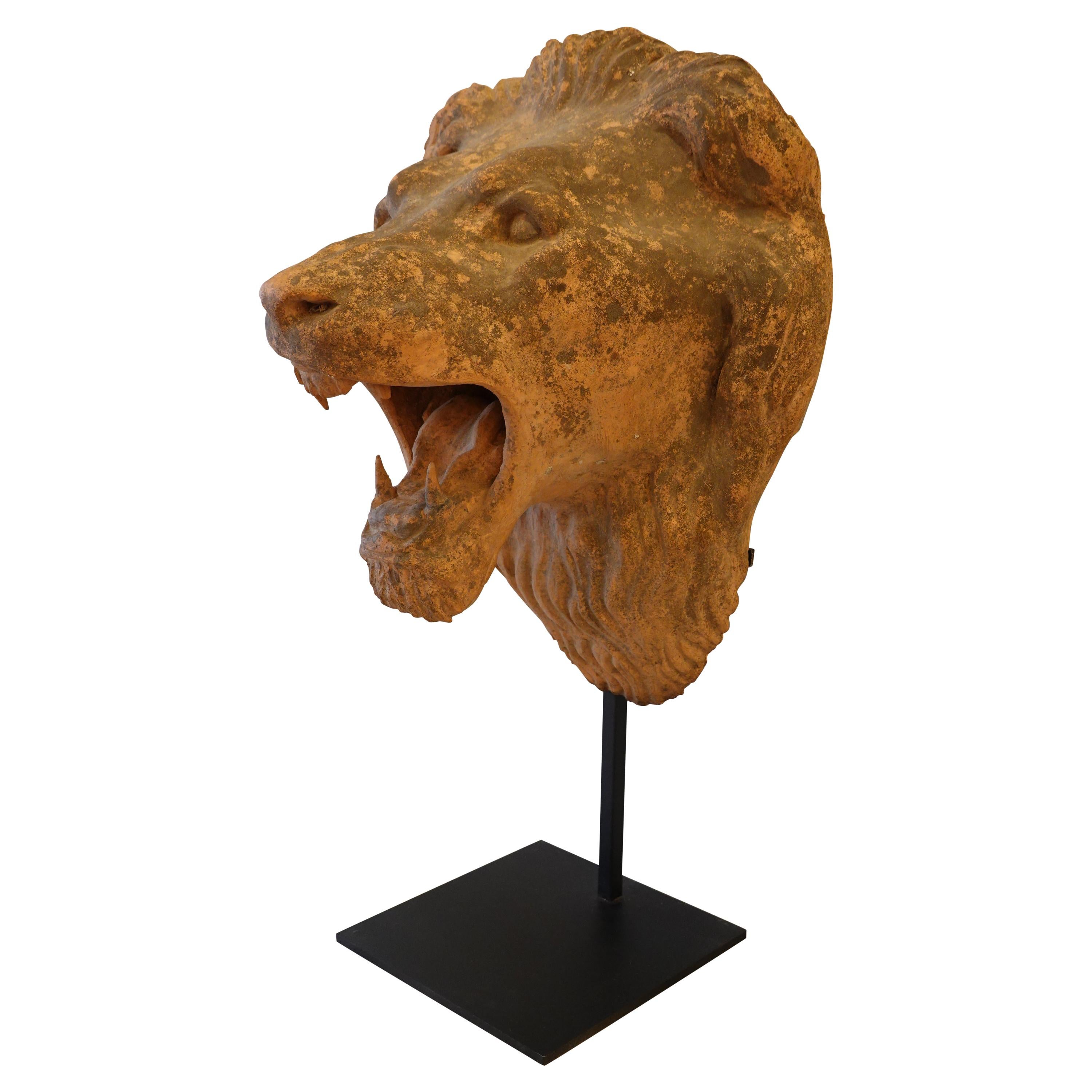 French Terracotta Lion's Head on Custom Iron Stand
