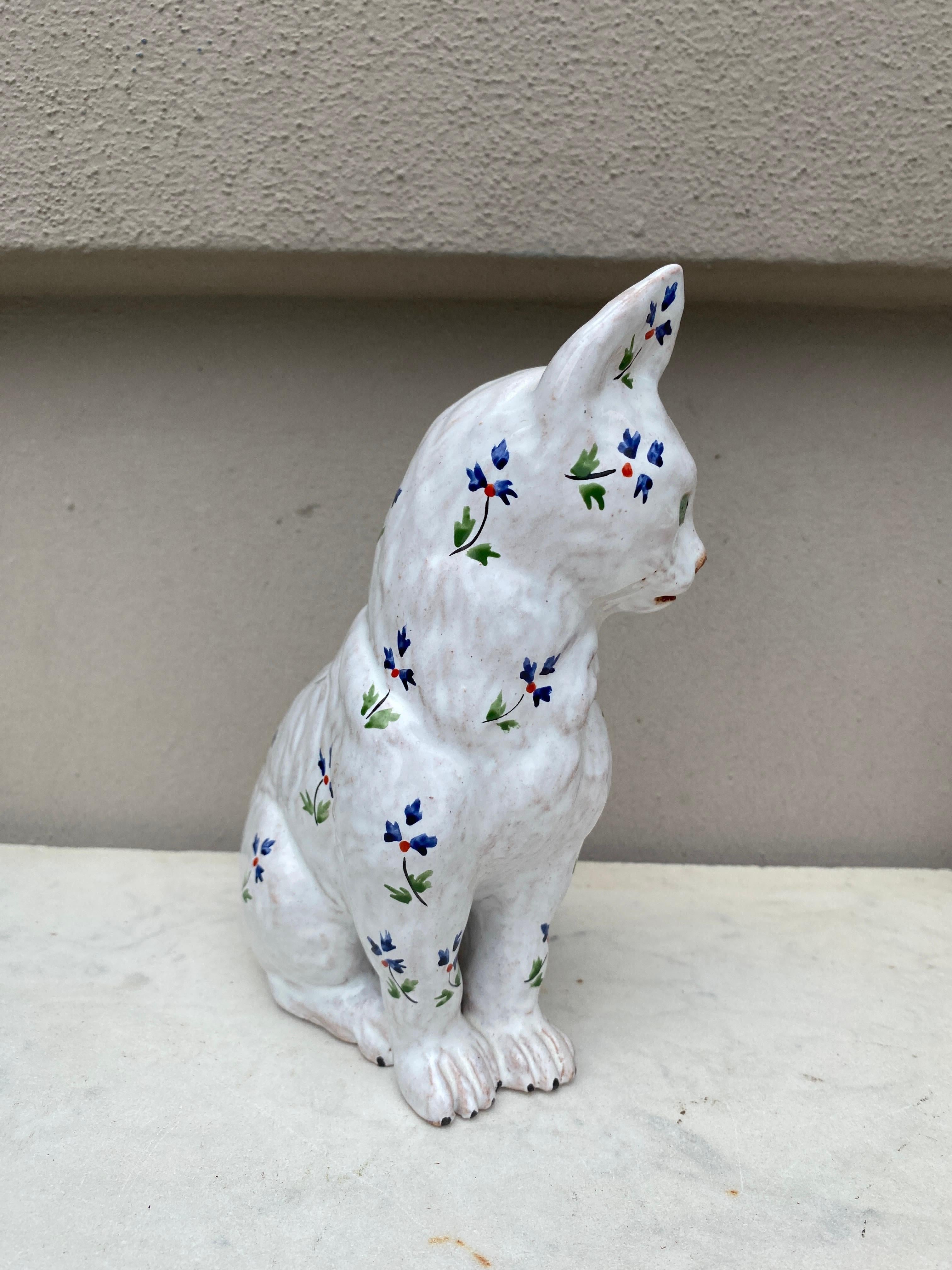 French Provincial French Terra Cotta Majolica Cat Normandy Circa 1900 For Sale