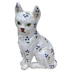Gatto di terracotta francese in maiolica della Normandia, circa 1900