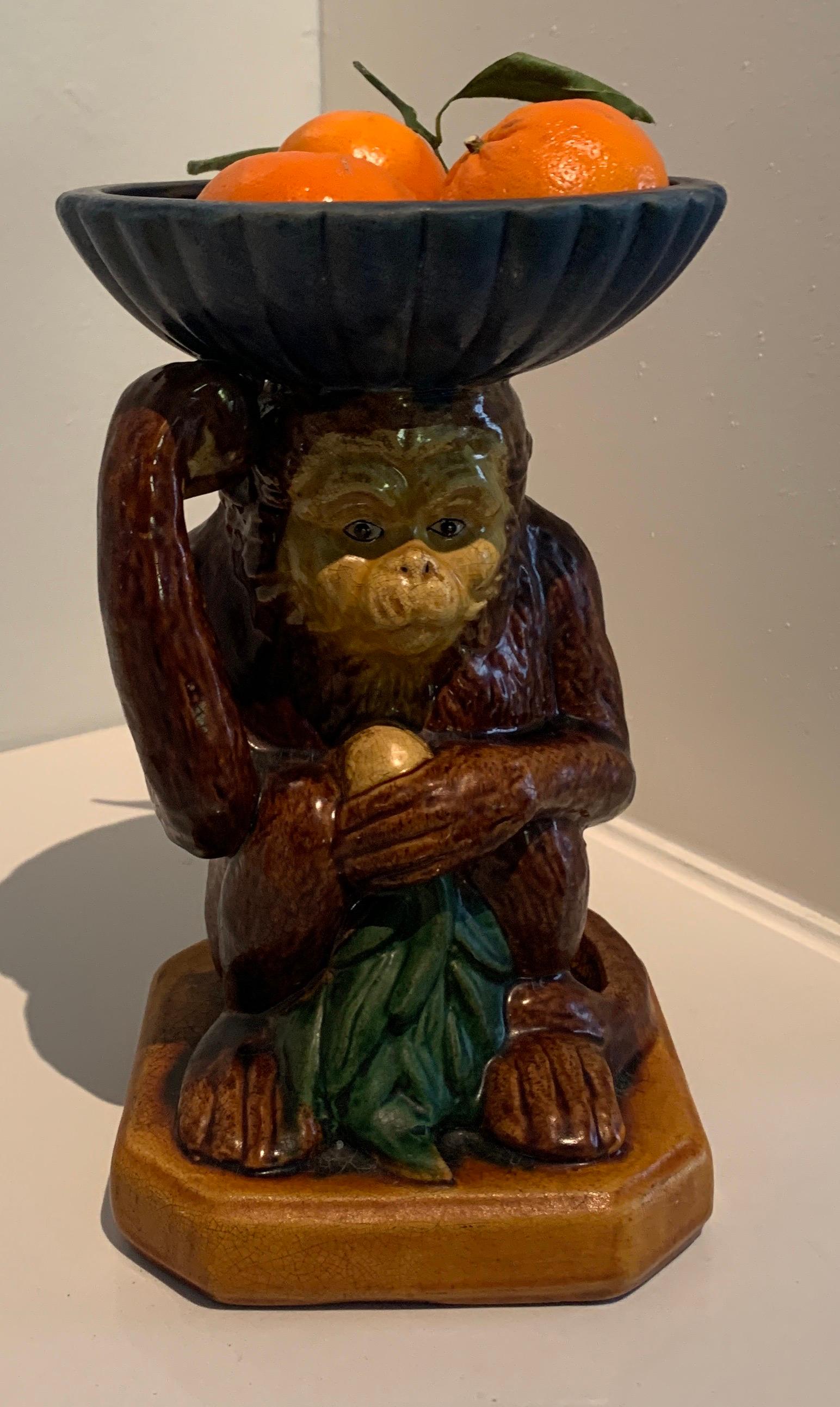 French terra cotta Majolica bowl with monkey - a vivid color Whimsical Monkey with a bowl resting on it's head. A stand alone decorative piece or perfect for everything from odds and ends to nots or fruit on a table.