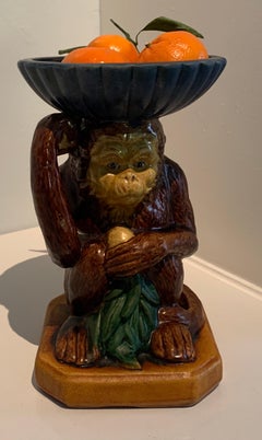 French Terra Cotta Majolica Monkey with Bowl