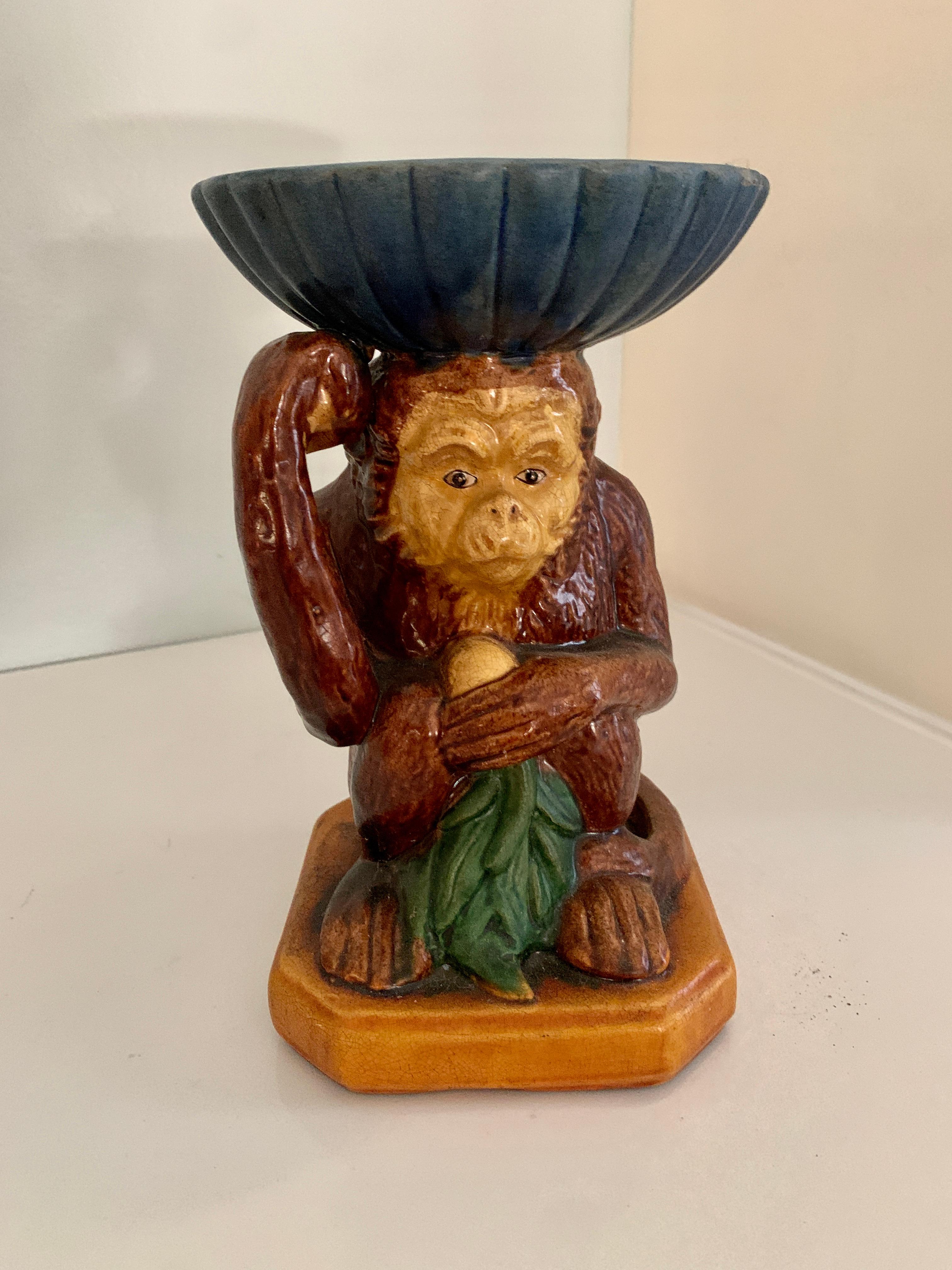 European French Terra Cotta Majolica Monkey with Bowl