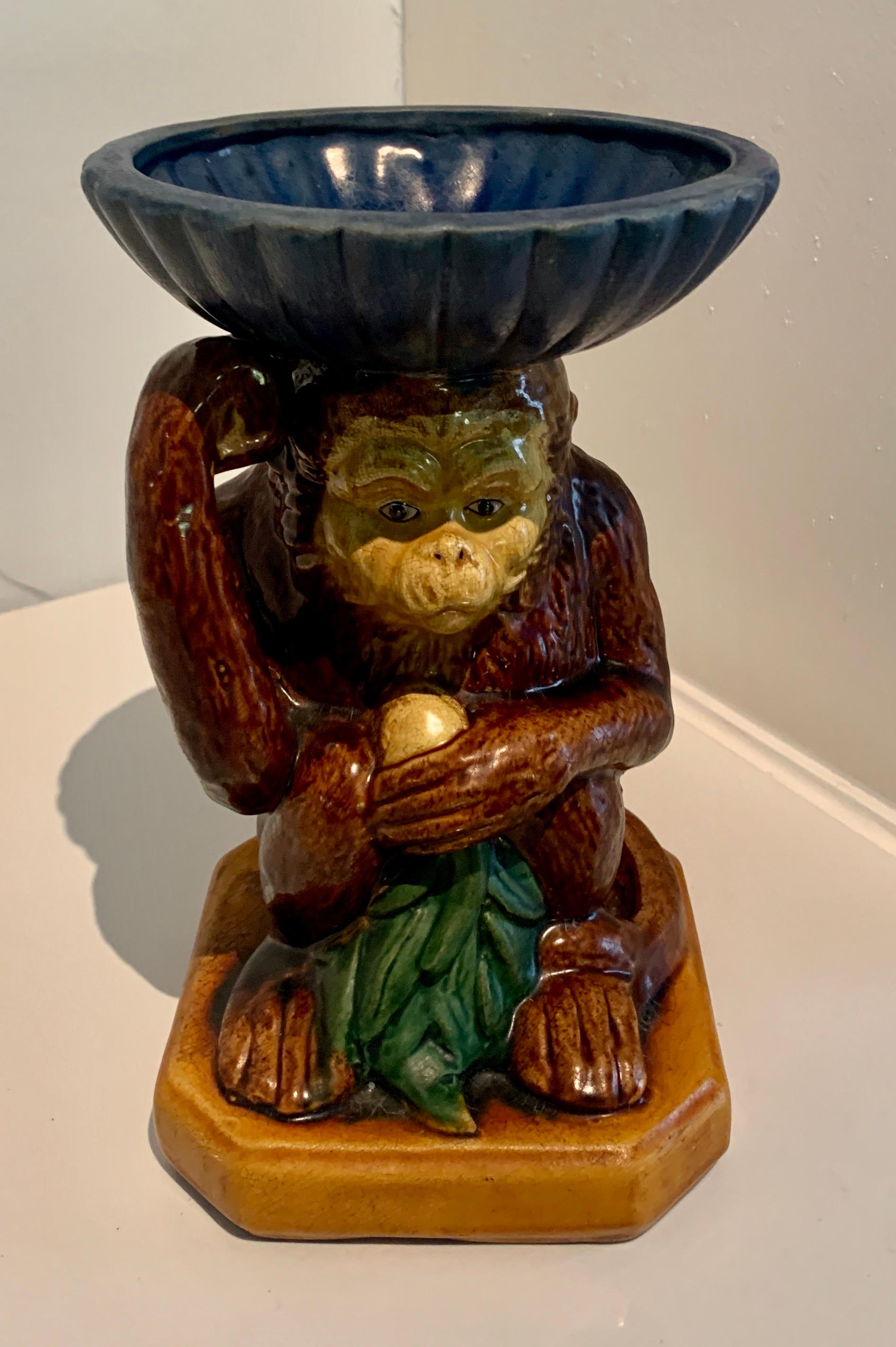 Hand-Painted French Terra Cotta Majolica Monkey with Bowl