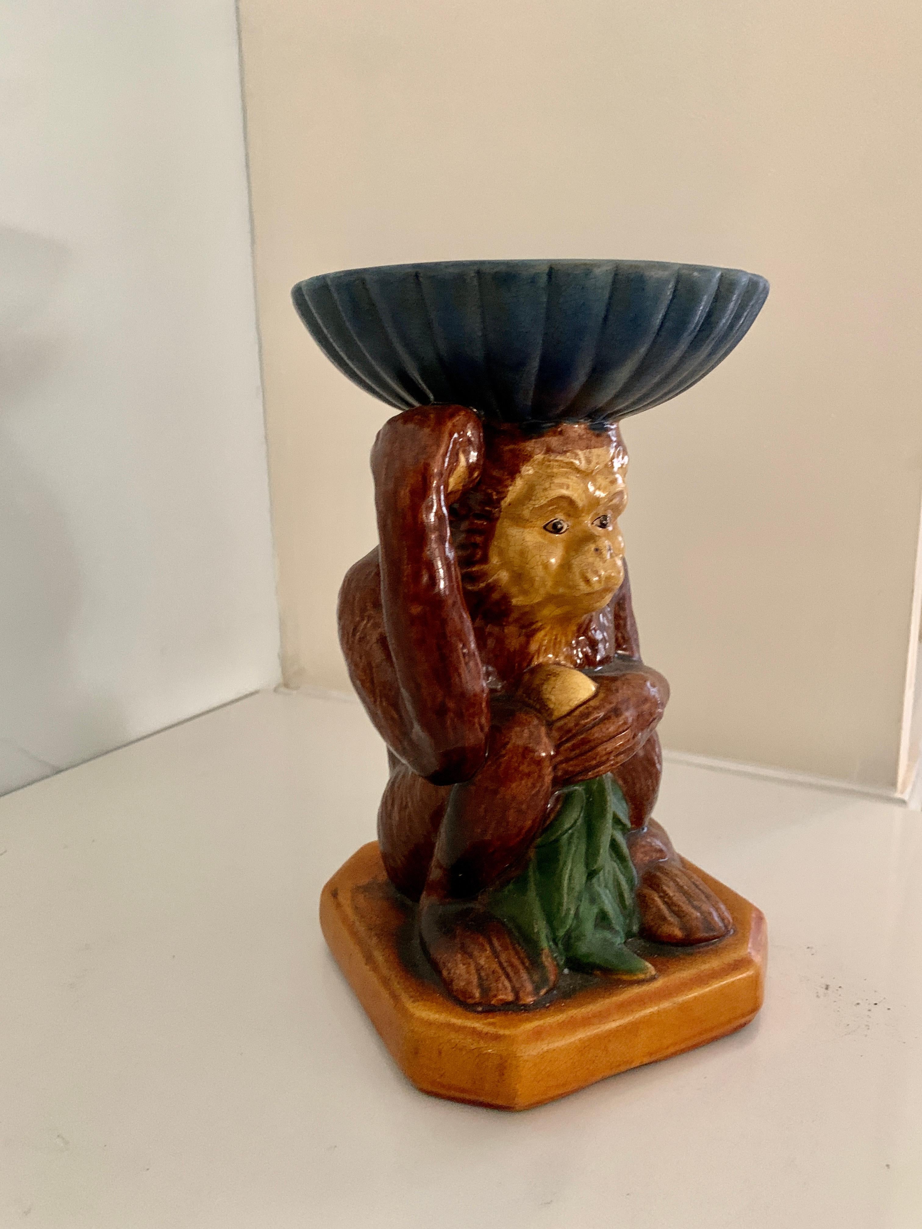 French Terra Cotta Majolica Monkey with Bowl In Good Condition In Los Angeles, CA