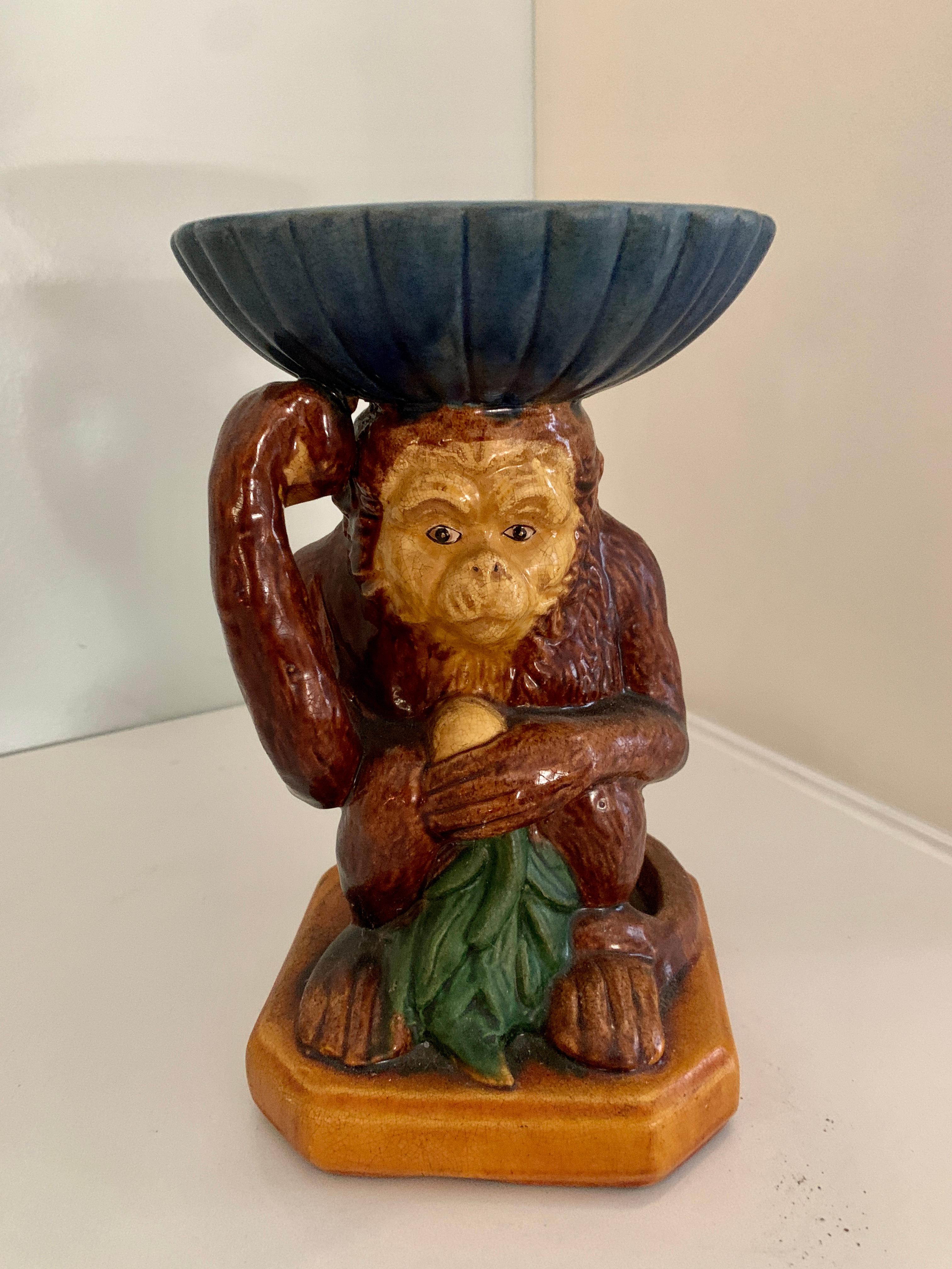 20th Century French Terra Cotta Majolica Monkey with Bowl