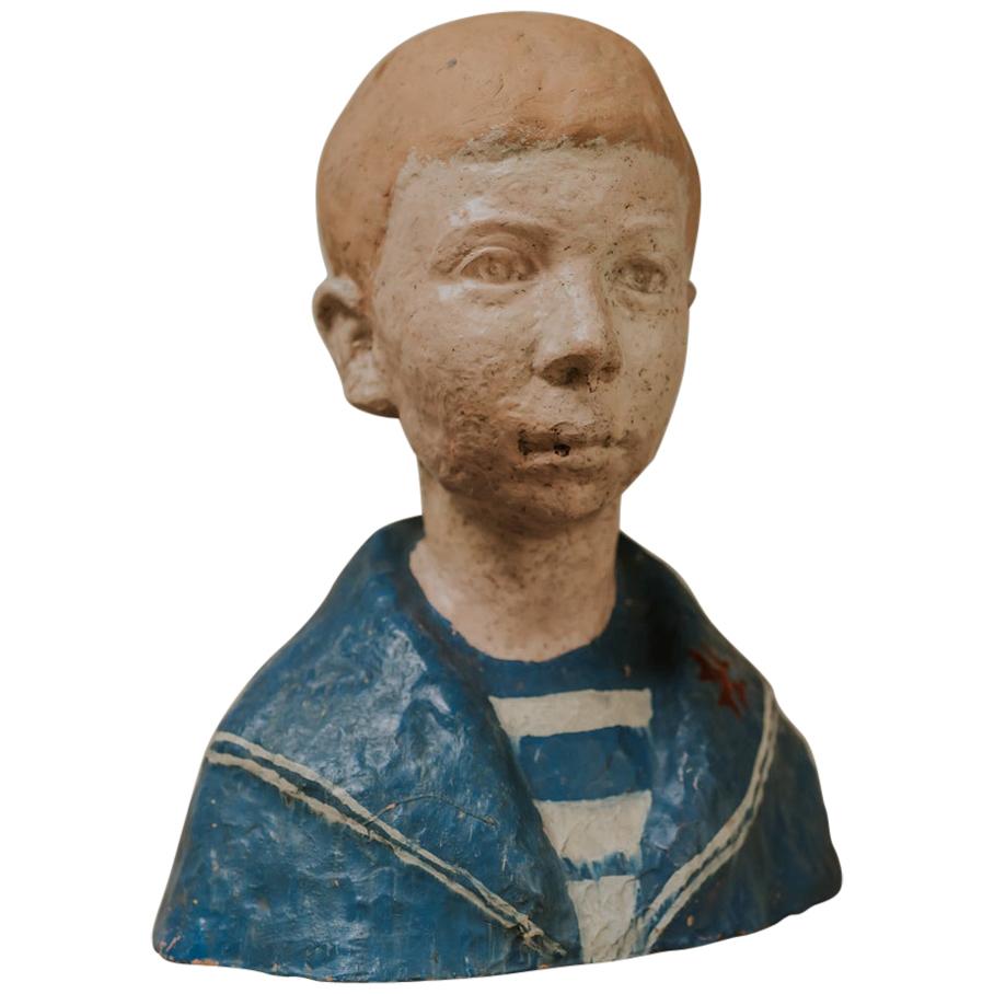 Statue/buste d'un garçon marin en terre cuite française
