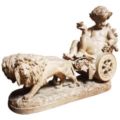 French Terracotta Bachanal Figure in Lion Drawn Chariot