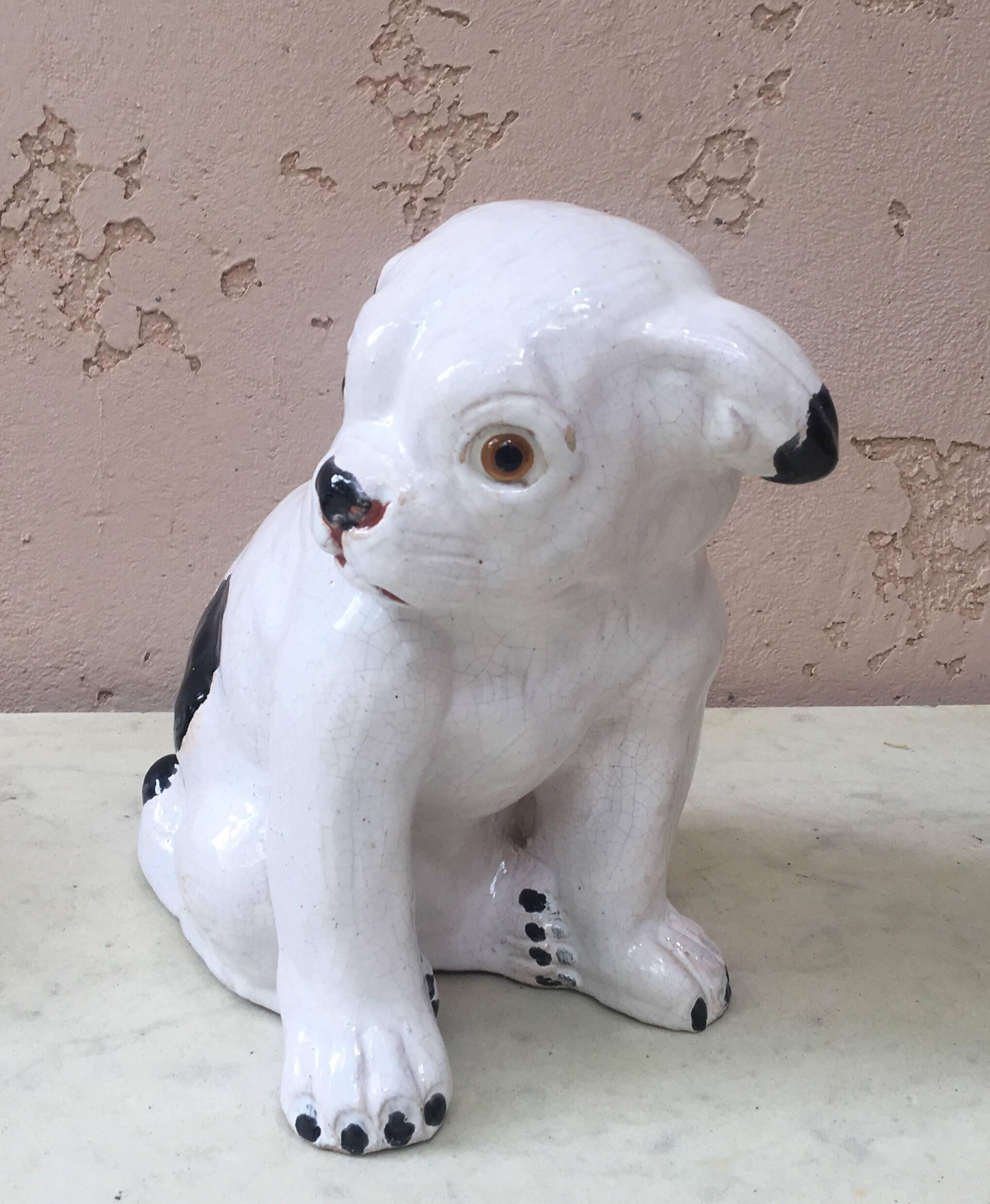 French terracotta black and white dog from Bavent Normandy, circa 1920.
Puppy maybe a bulldog.