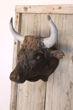 French Terracotta Bull Head on Wood Frame