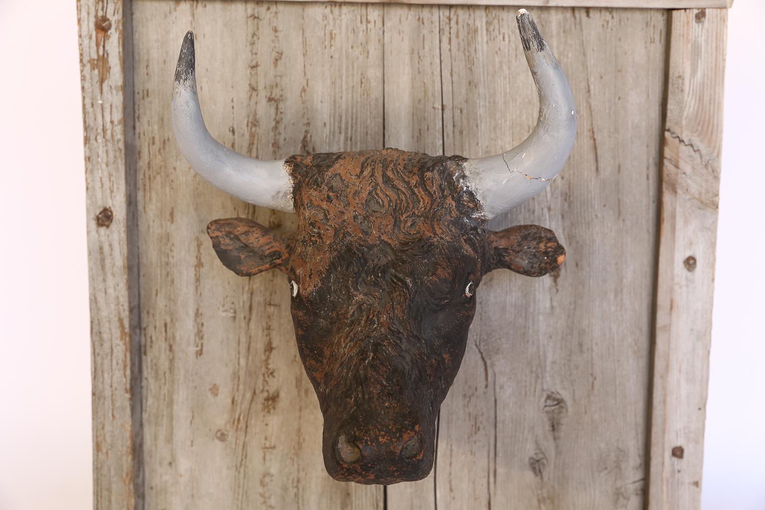 French Terracotta Bull Head on Wood Frame In Good Condition In Houston, TX