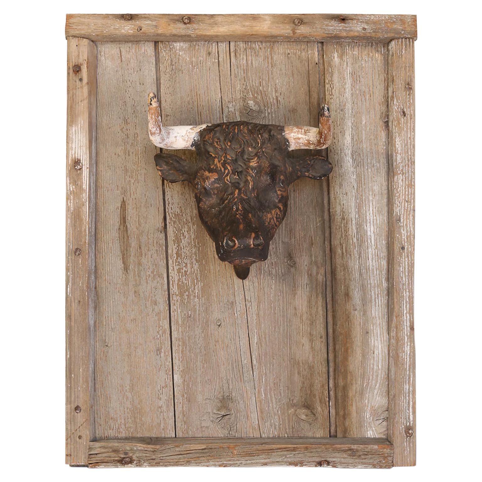 French Terracotta Bull Head on Wood Frame