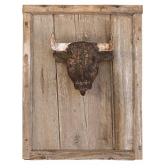Antique French Terracotta Bull Head on Wood Frame