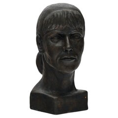 French Terracotta Bust of Woman, Signed DB 1990, Warm Bronze Finish