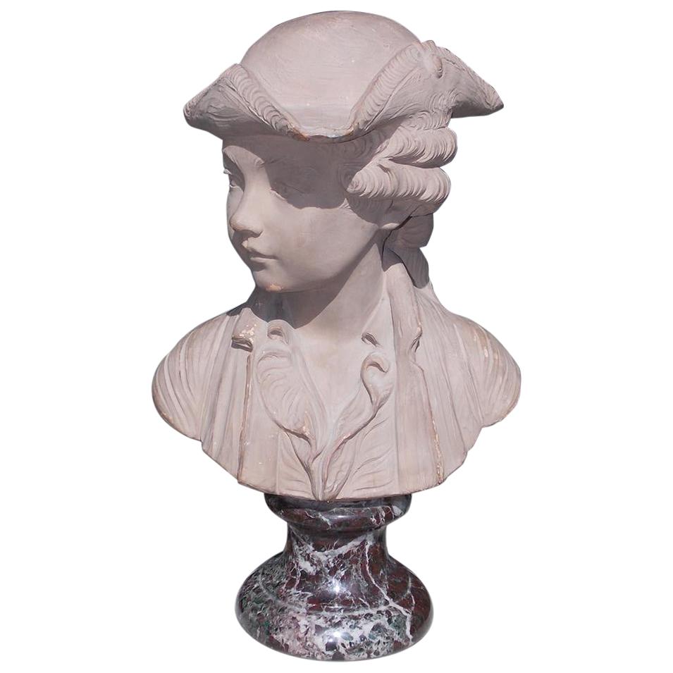 French Terracotta Bust of Young Man Resting on Marble Plinth, Houdon, Circa 1790