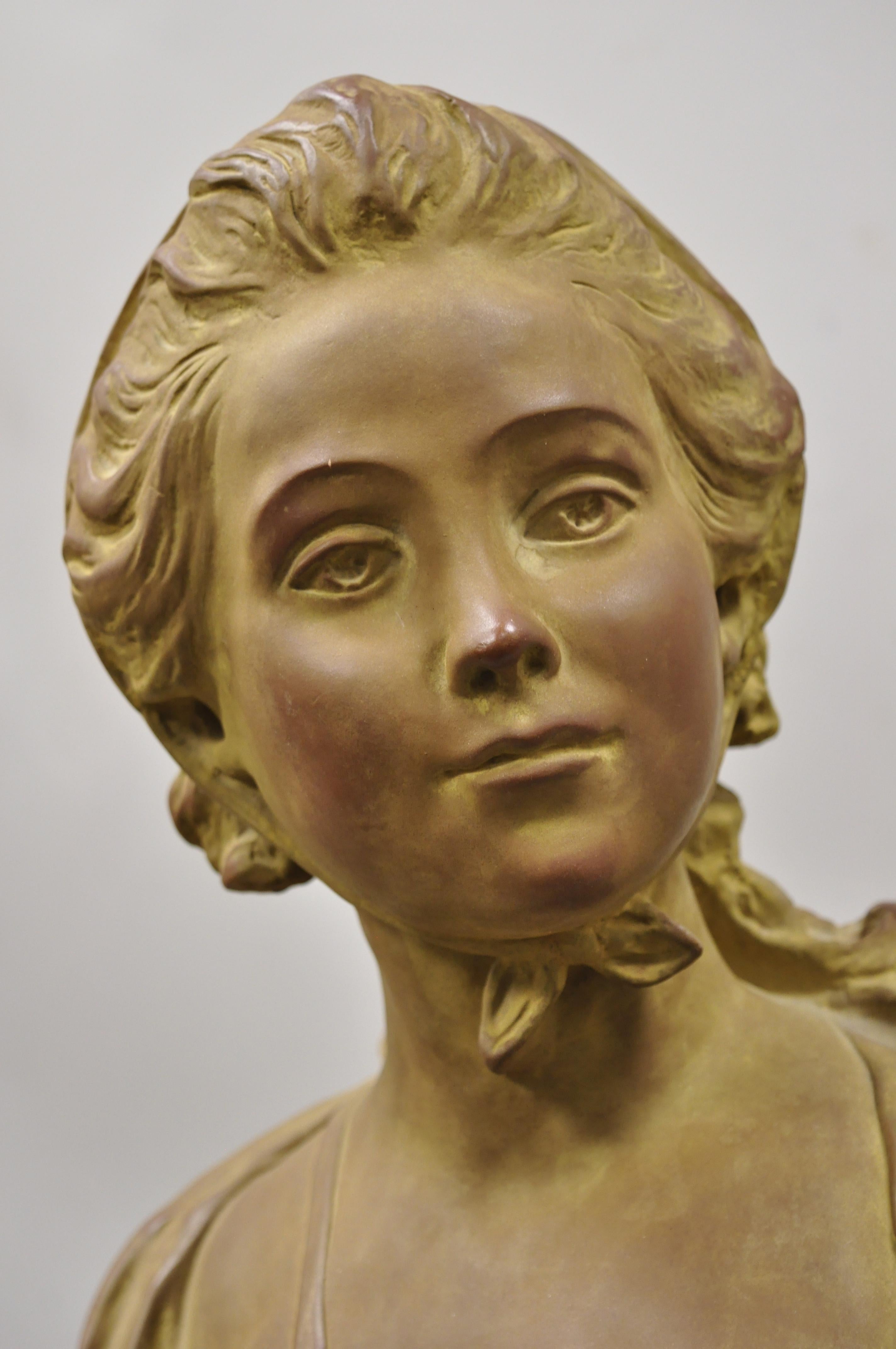 French terracotta bust of young woman sculpture after A. Conord, 1763. Item features marked to rear 