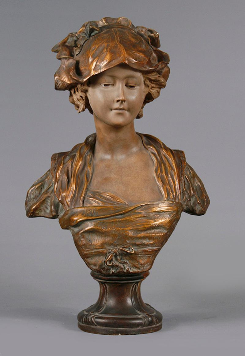 Beautiful terracotta bust presenting a young girl.
She has a subdued look and a small smile on her face.
The bust is signed 'Duval' on the back and 'd'Apres Greuze'. Greuze is a famous French painter from the 18th century. This bust is made after