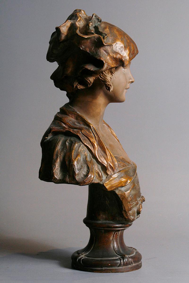 Romantic French Terracotta Buste of a Young Girl by Duval, 19th Century