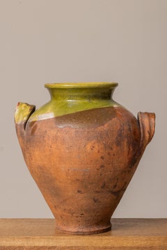 French Terracotta Confit Pot with Pistachio Green Glazed Neck, 19th Century