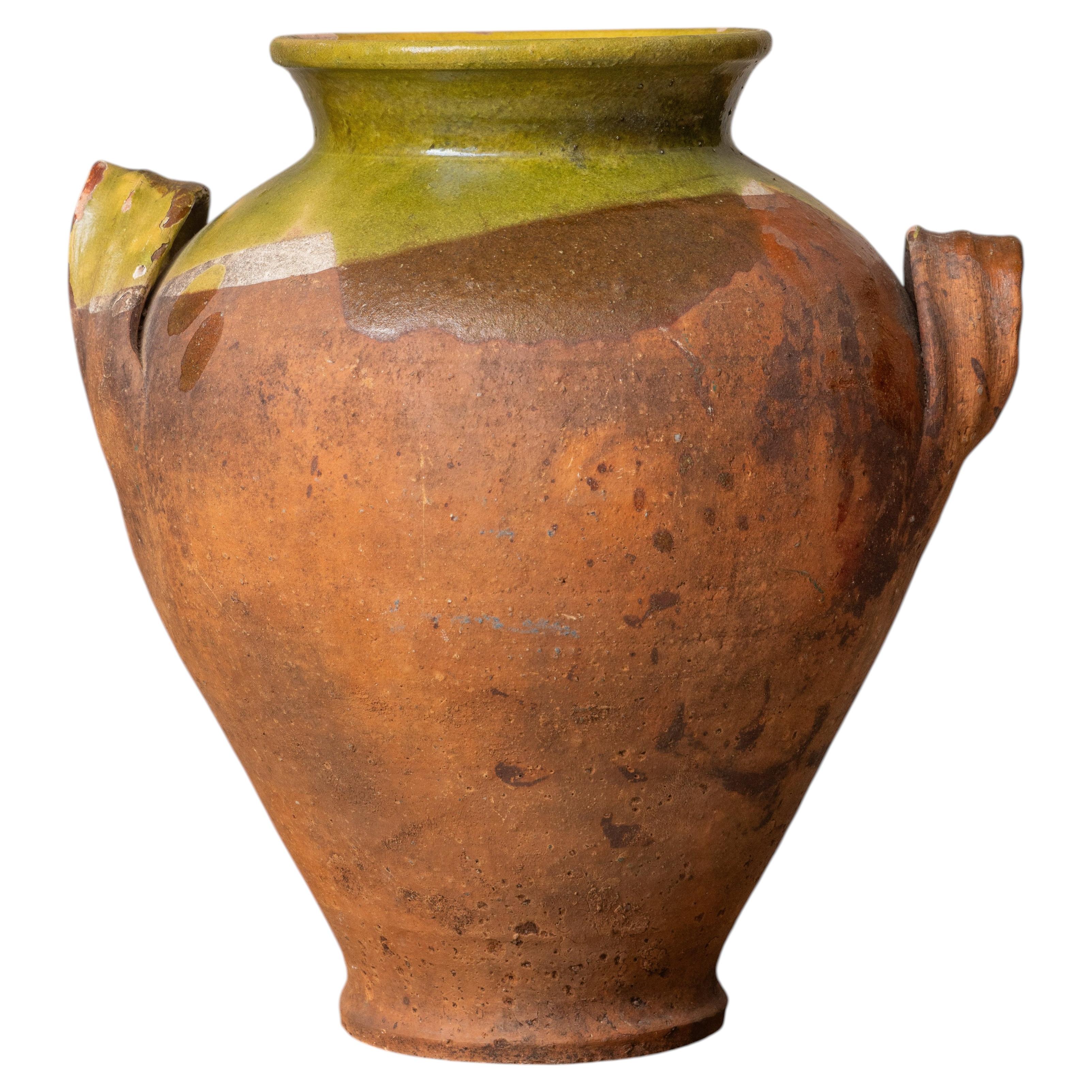 French Terracotta Confit Pot with Pistachio Green Glazed Neck, 19th Century
