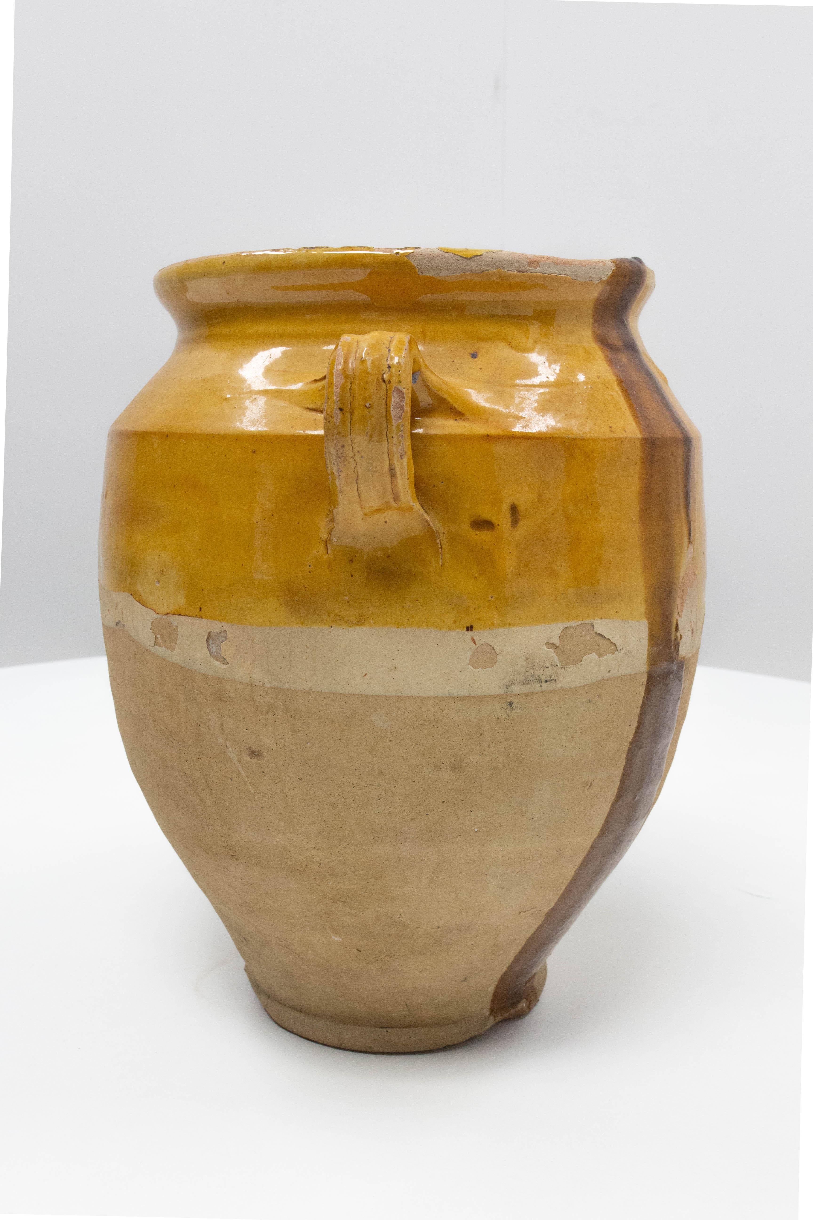 French Provincial French Terracotta Confit Pot Yellow Glaze, Late 19th Century